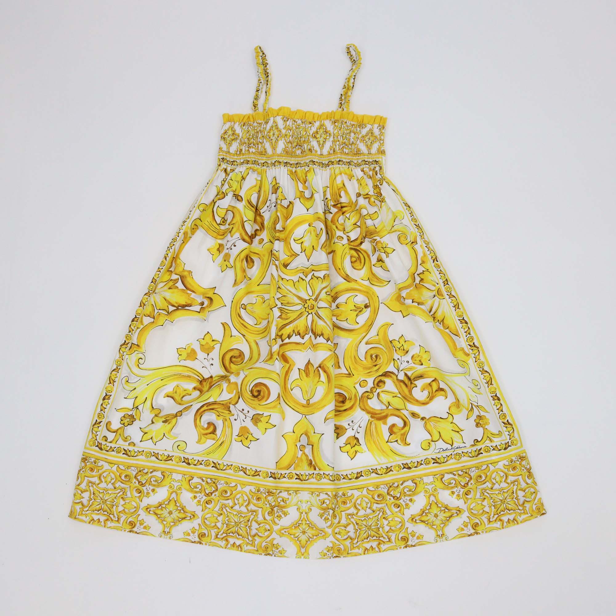 Dolce & Gabbana Kids Yellow/White Cotton Majolica Print Sleeveless Dress