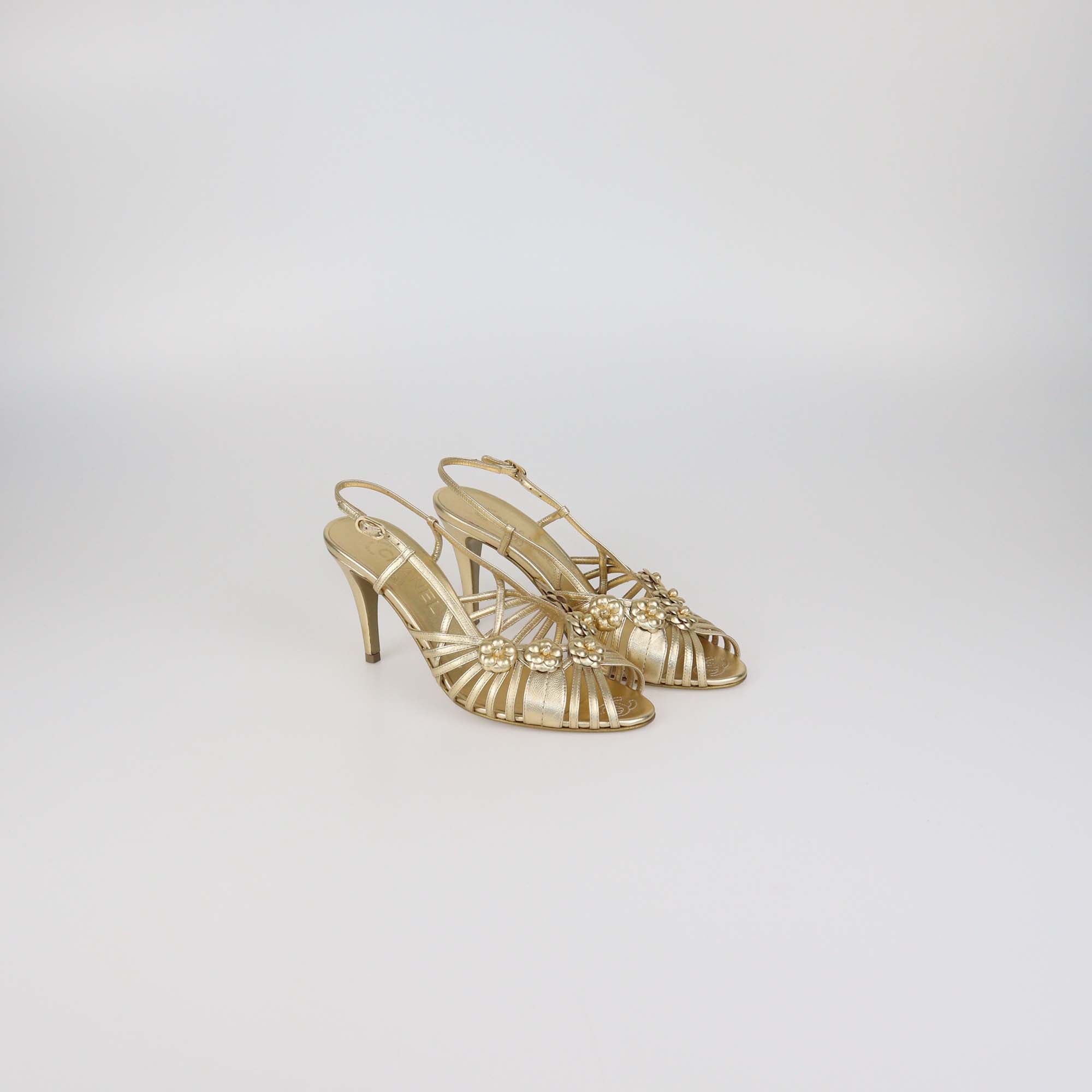 Chanel Gold Leather Camellia Applique Slingback Sandals