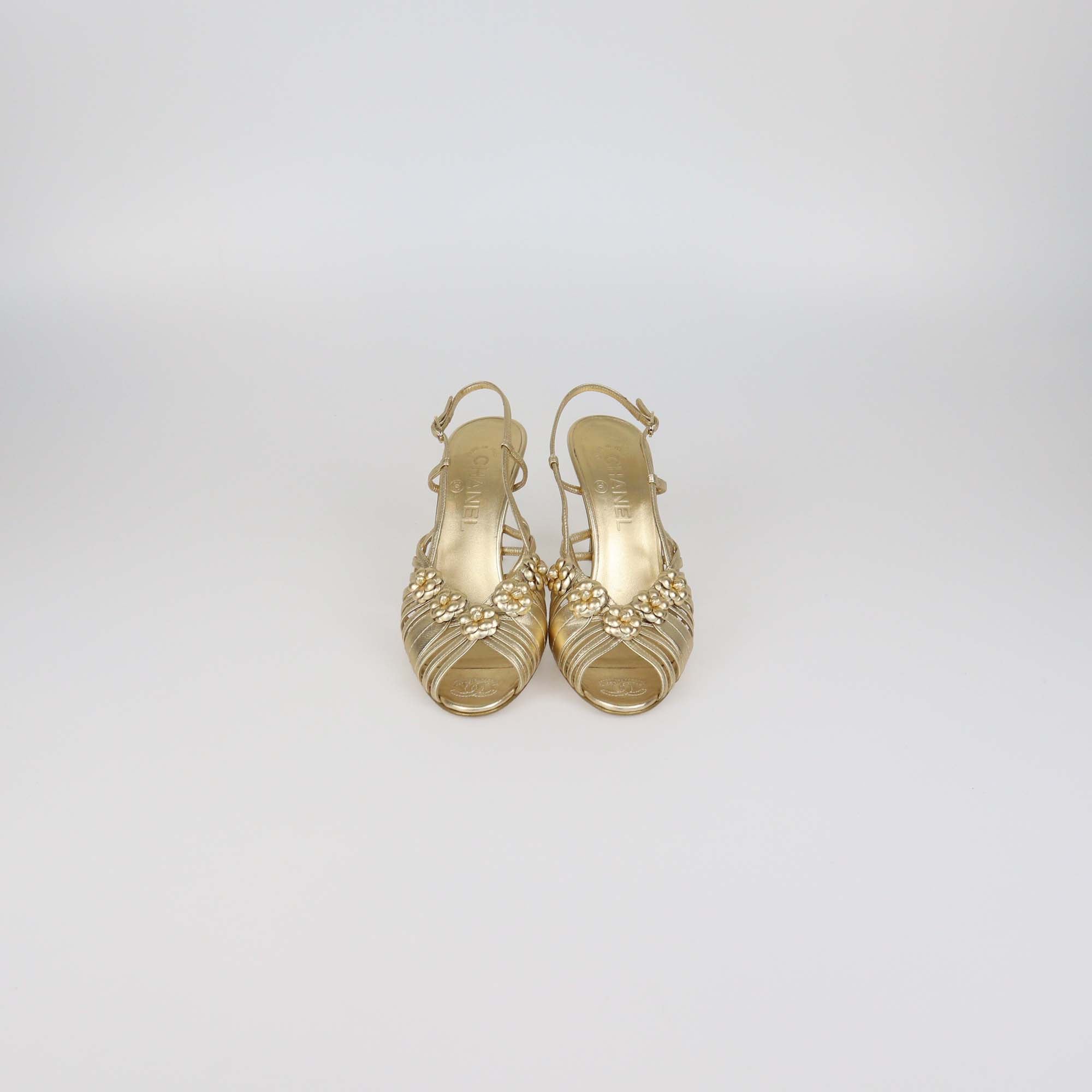 Chanel Gold Leather Camellia Applique Slingback Sandals