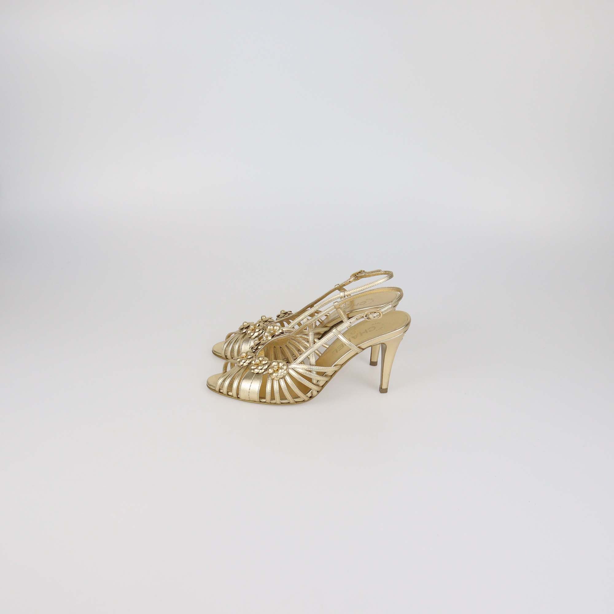 Chanel Gold Leather Camellia Applique Slingback Sandals