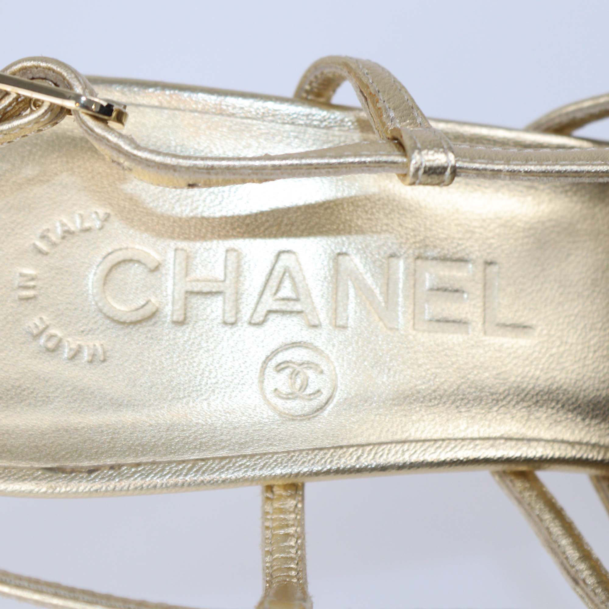 Chanel Gold Leather Camellia Applique Slingback Sandals
