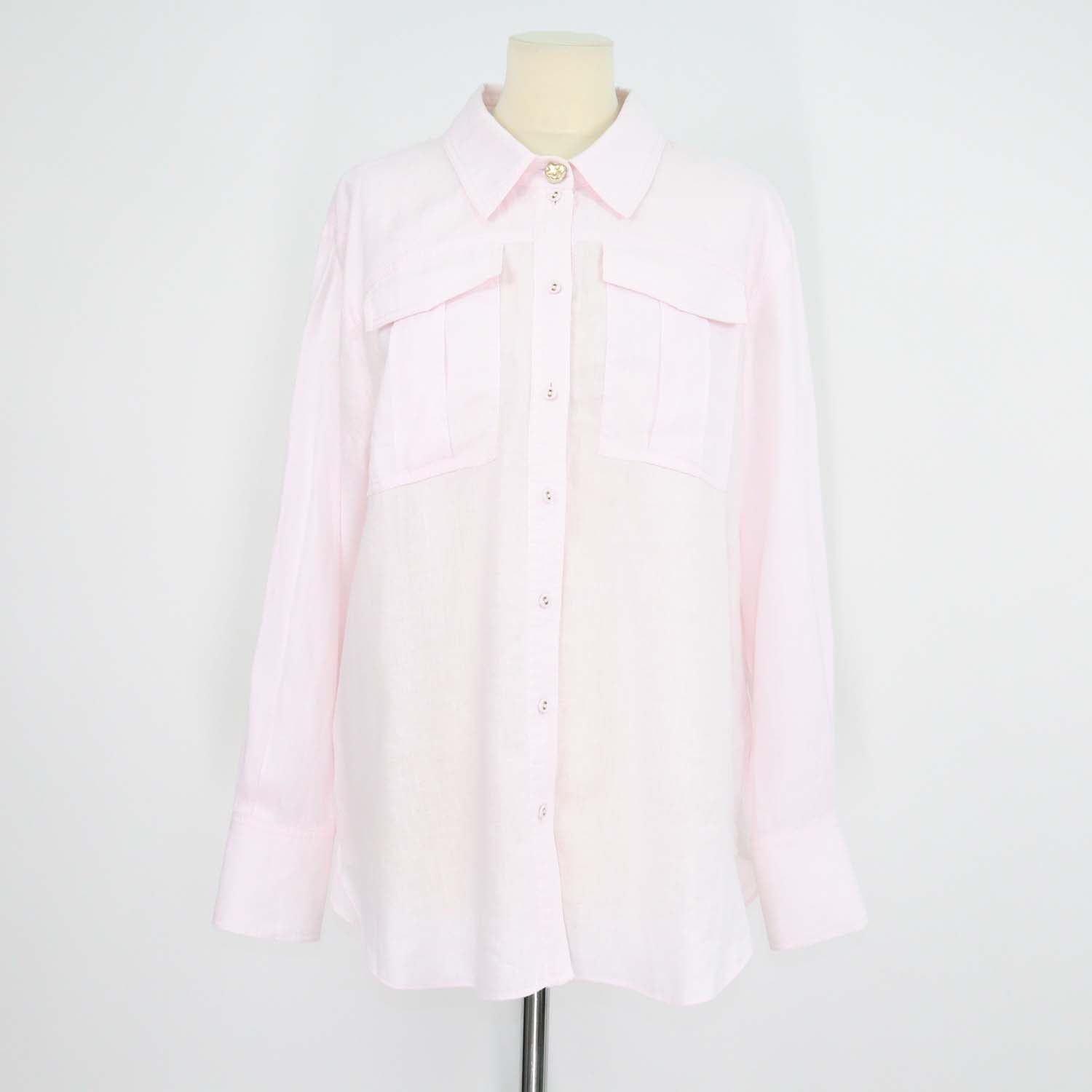 Aje Light Pink Linen Embroidered Neoma Pocket Long Sleeve Shirt