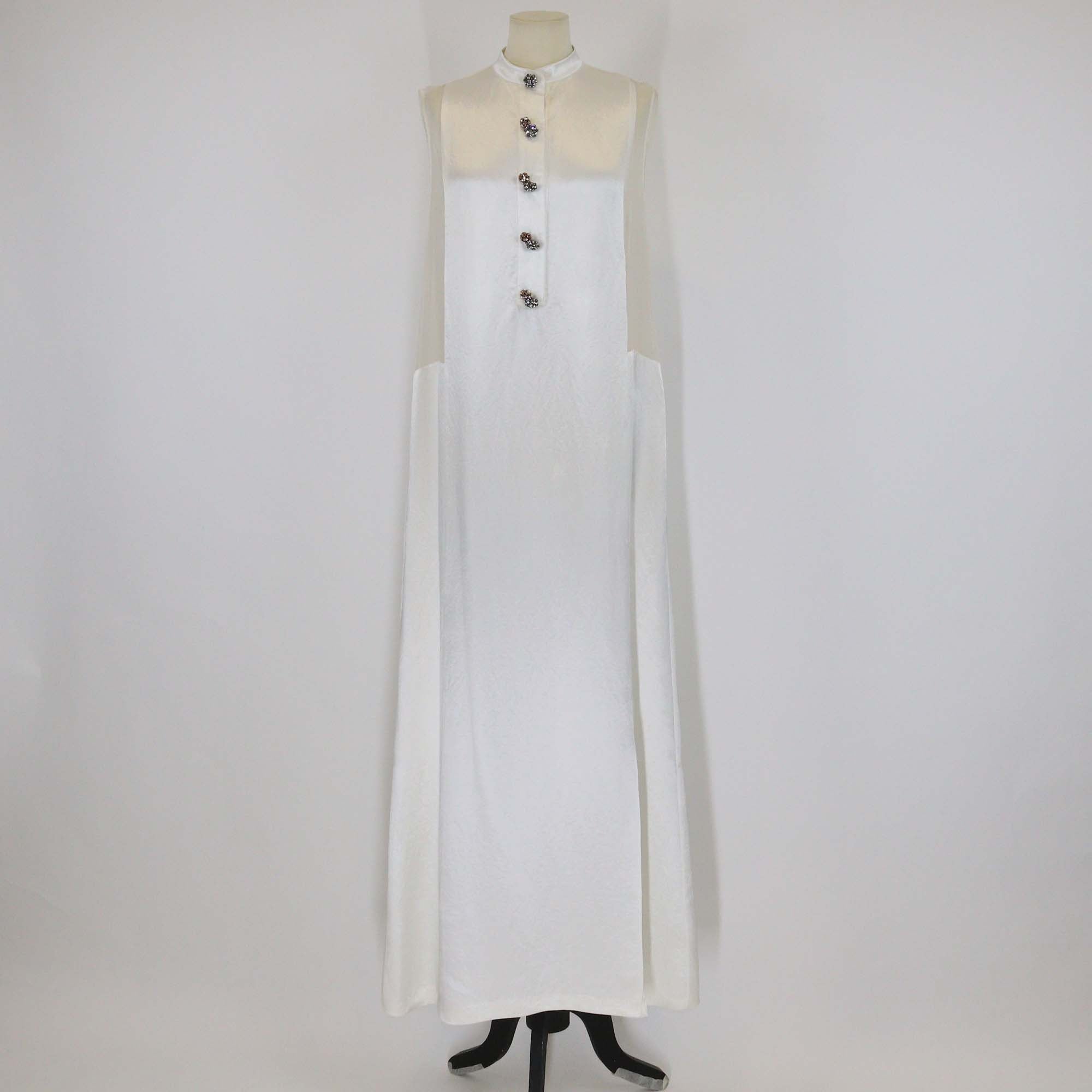 Lanvin Ivory Silk Satin Draped Crystal Detail Sleeveless Maxi Dress