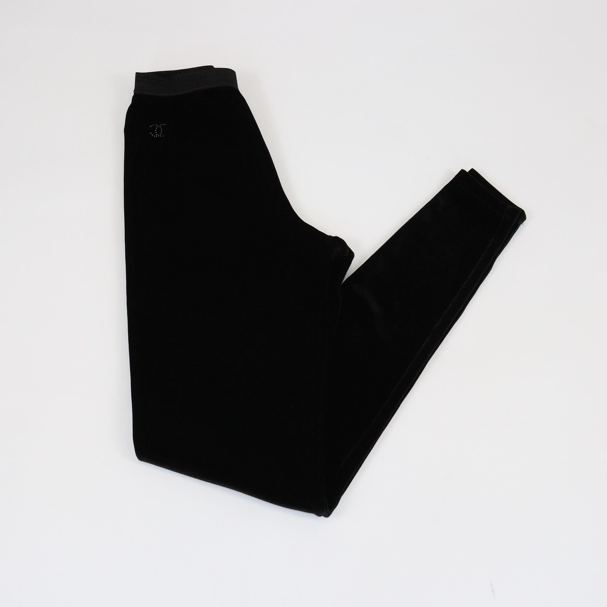 Chanel Black Velvet Crystal CC Leggings Womens Chanel