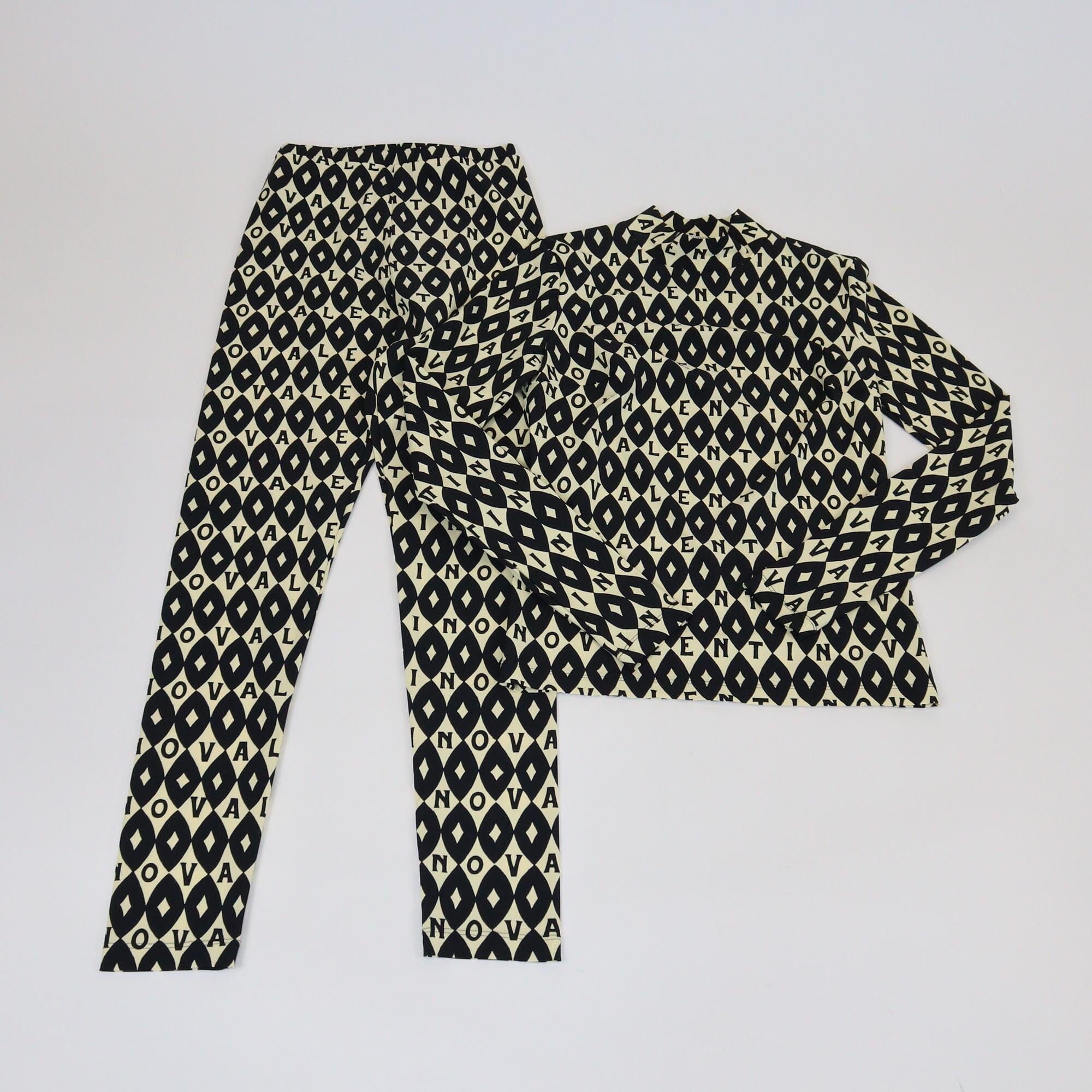 Valentino Black, Cream Logo Print Long Sleeve Top and Pants Set Womens Valentino