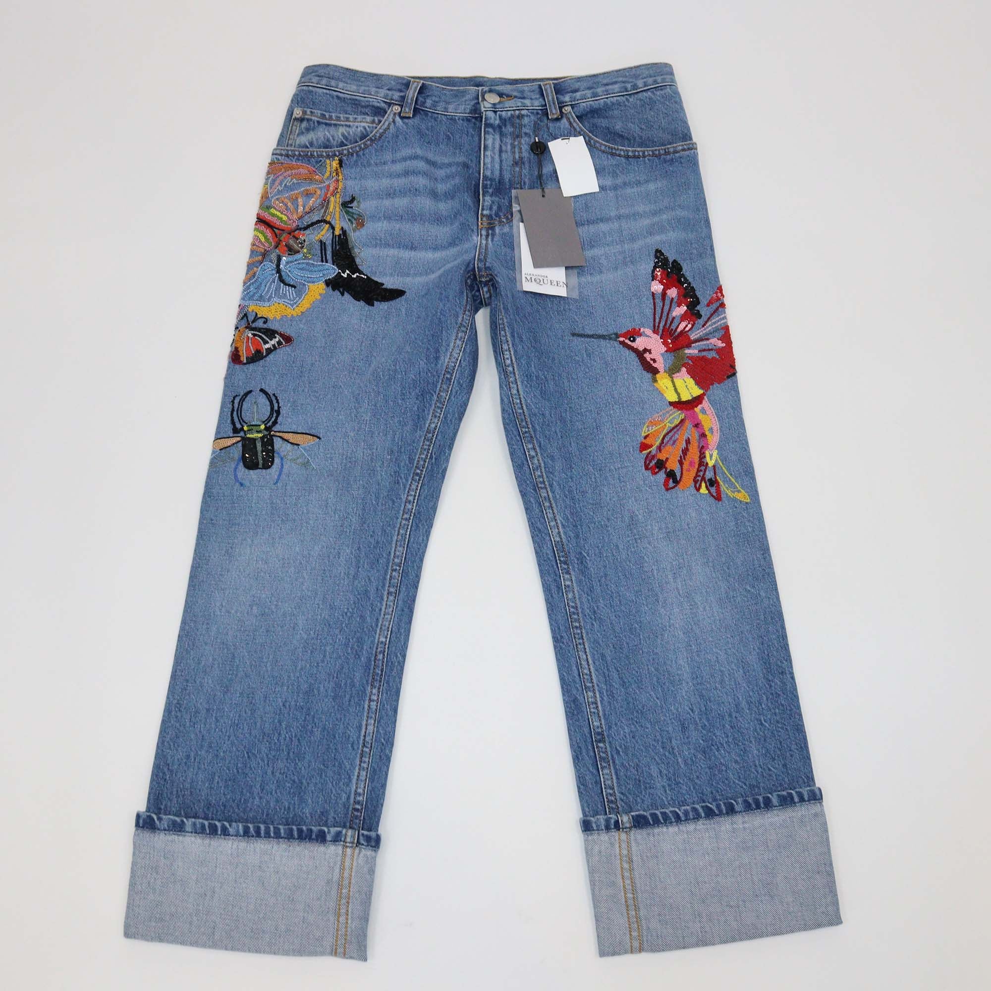 Alexander McQueen Blue Denim Sequins & Beads Embellished Pants