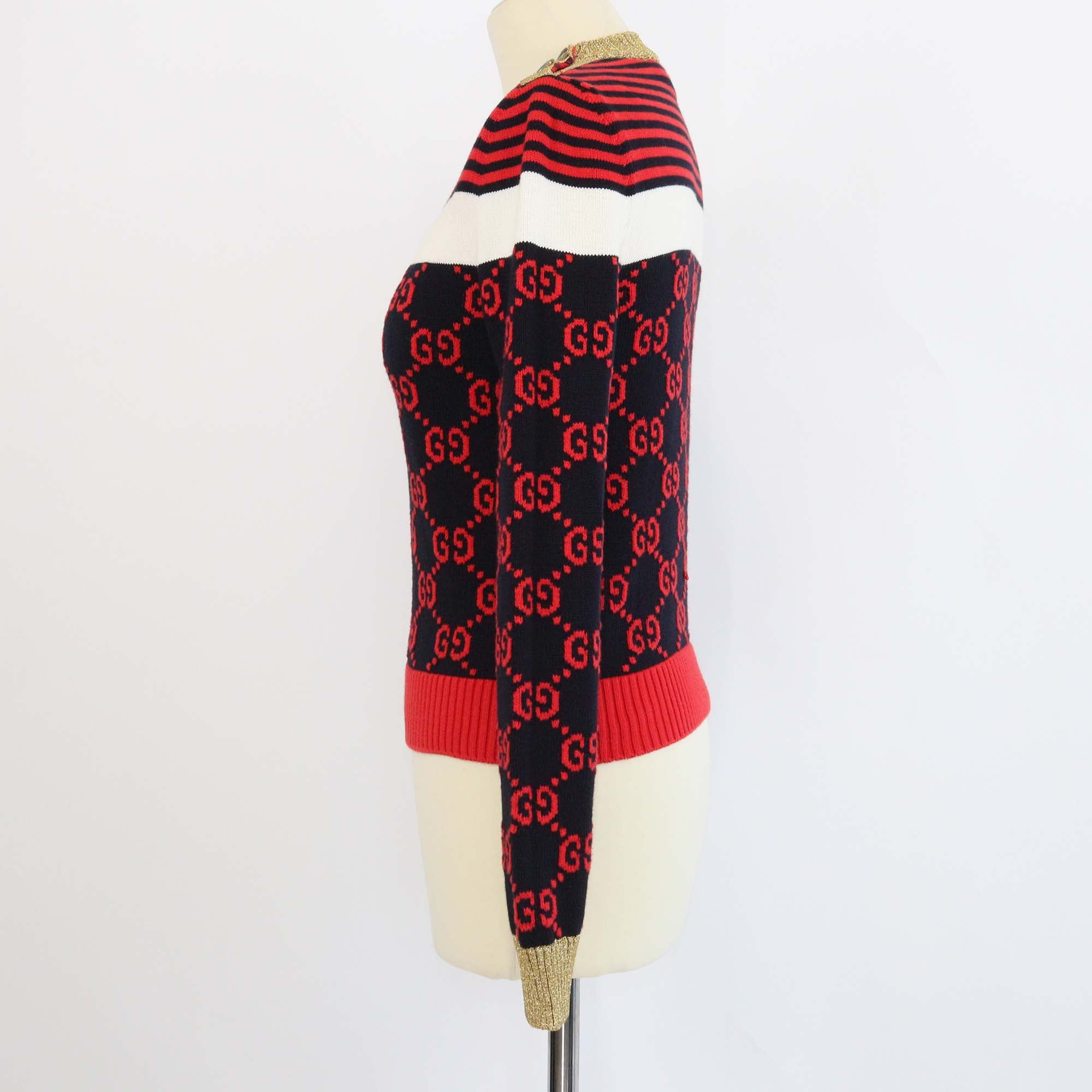 Gucci Multicolor Cotton and Lurex GG & Striped Knitted Button Shoulder Sweater