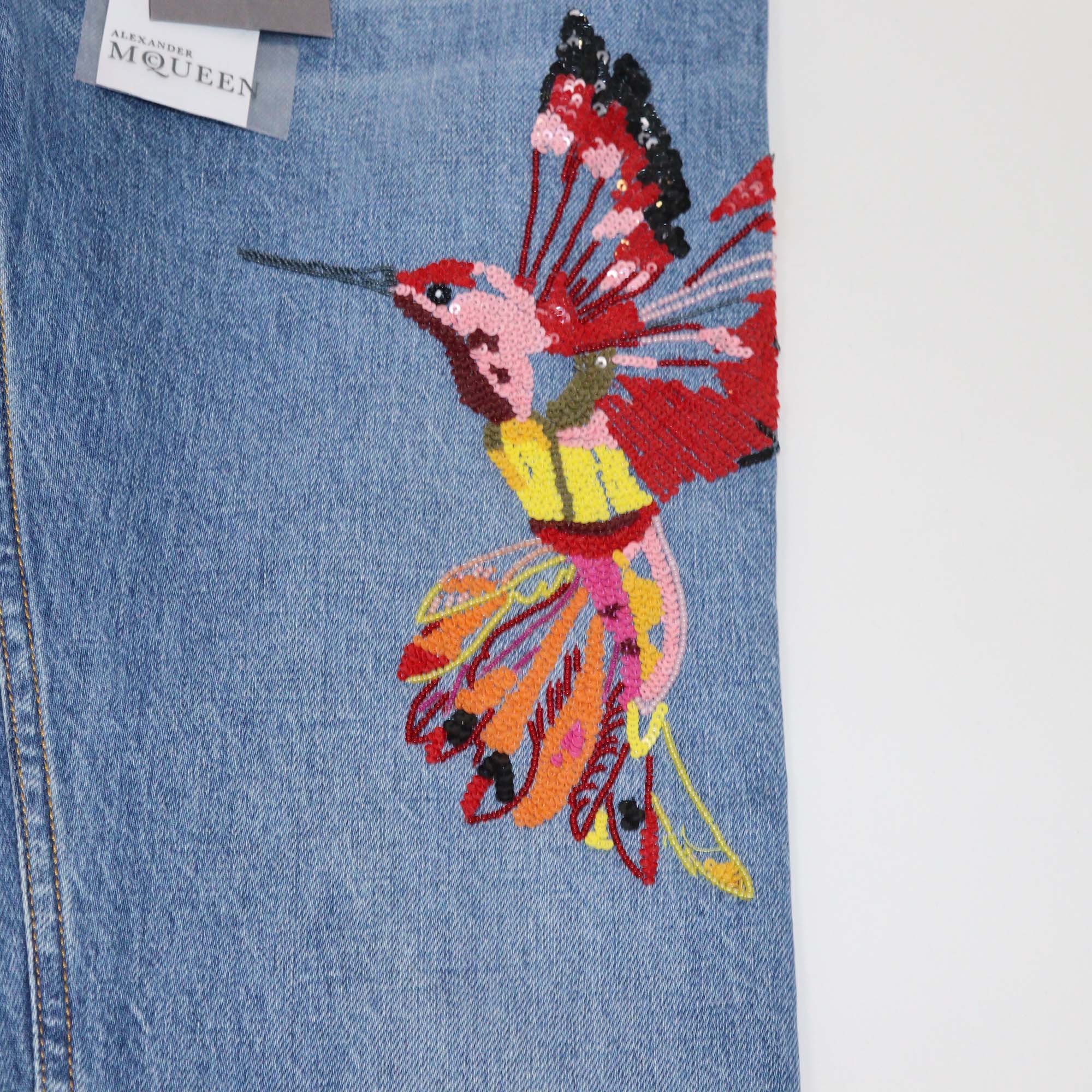 Alexander McQueen Blue Denim Sequins & Beads Embellished Pants