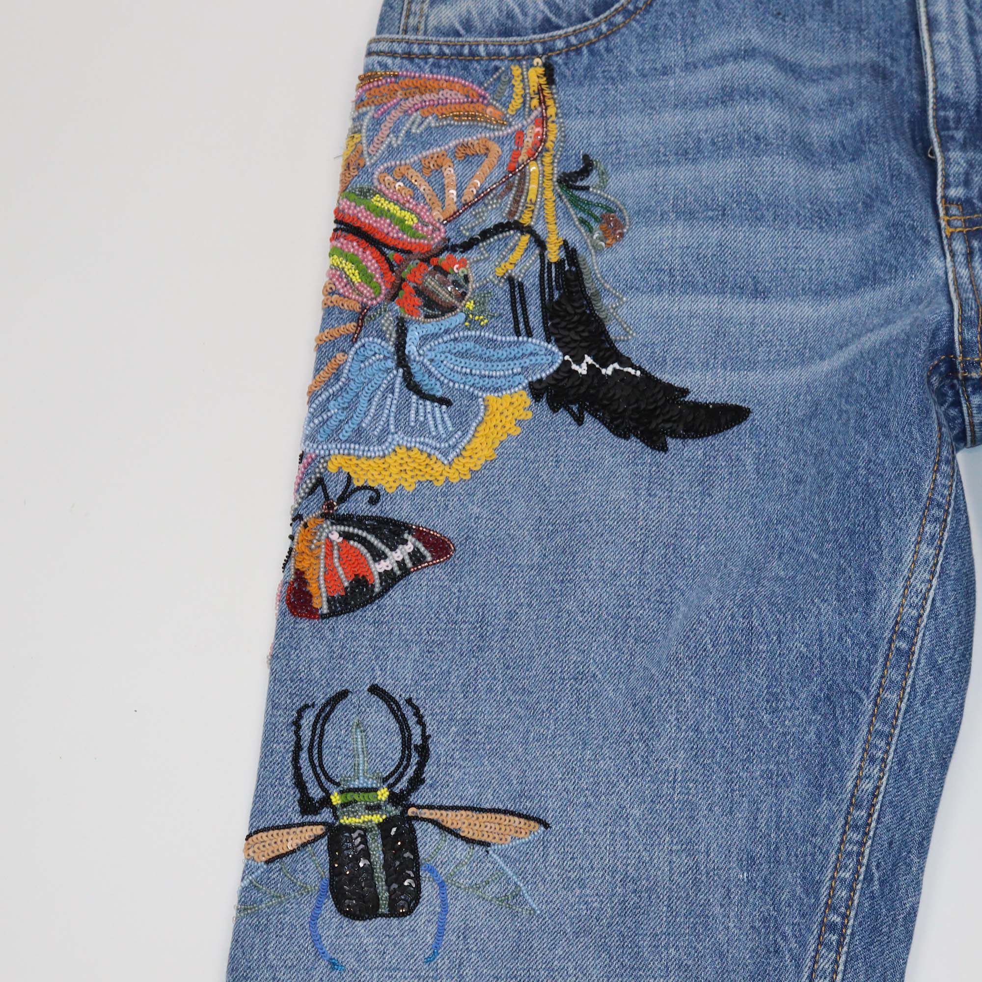 Alexander McQueen Blue Denim Sequins & Beads Embellished Pants