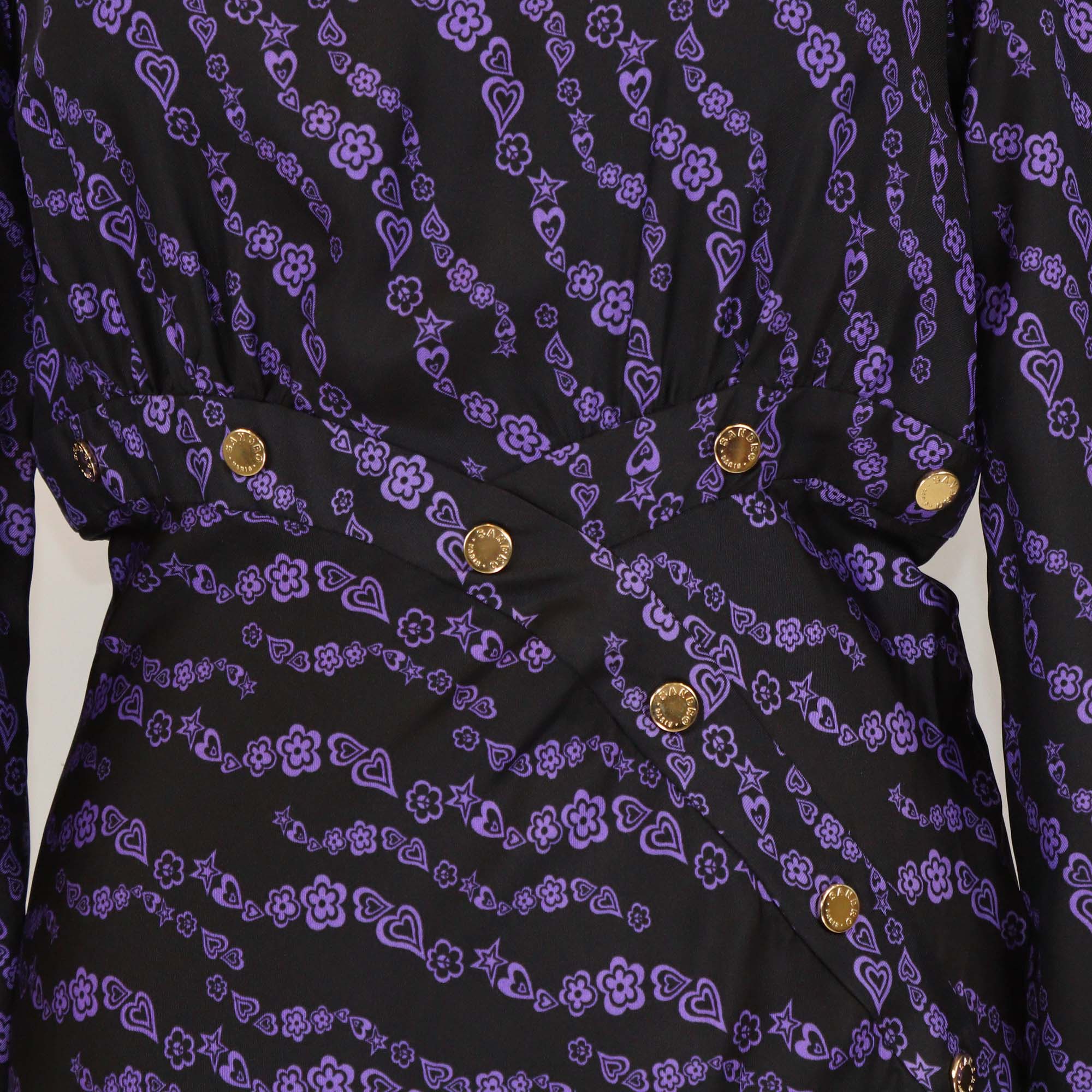 Sandro Black/Purple Silk Printed Button Detail Midi Dress