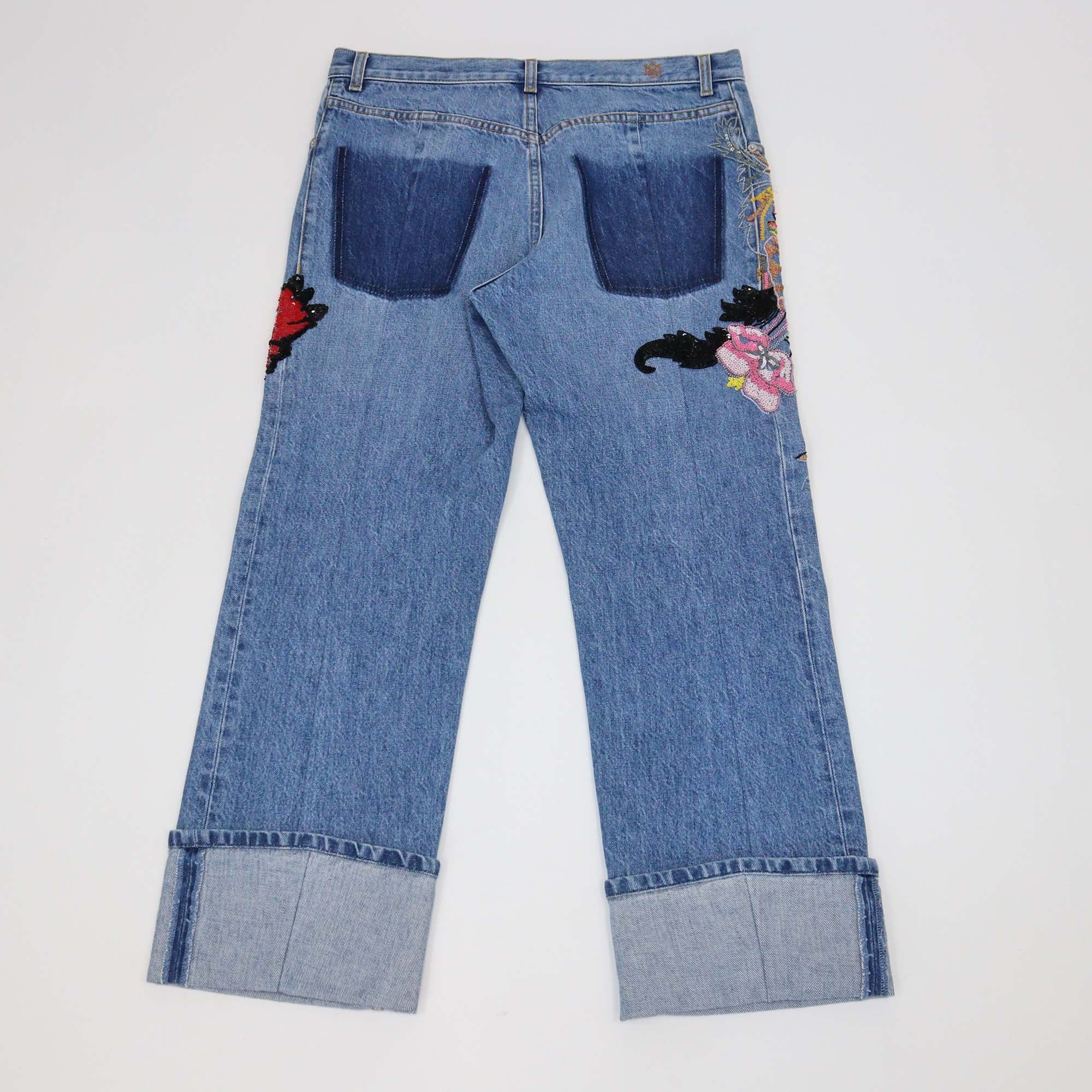 Alexander McQueen Blue Denim Sequins & Beads Embellished Pants