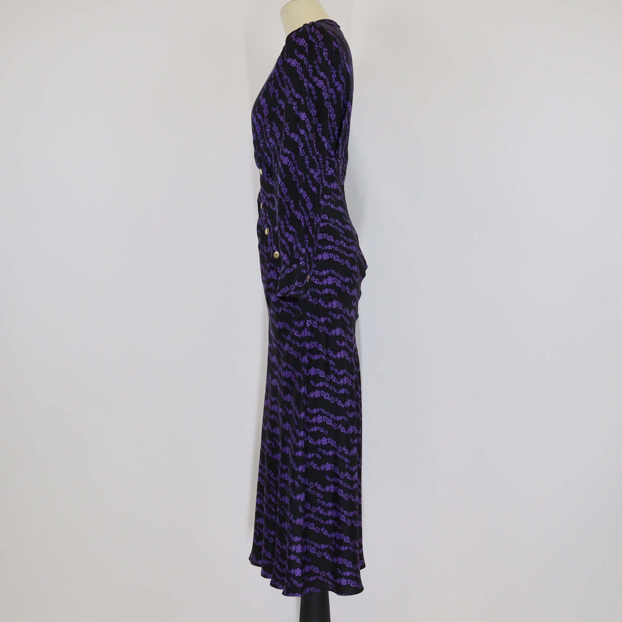 Sandro Black/Purple Silk Printed Button Detail Midi Dress