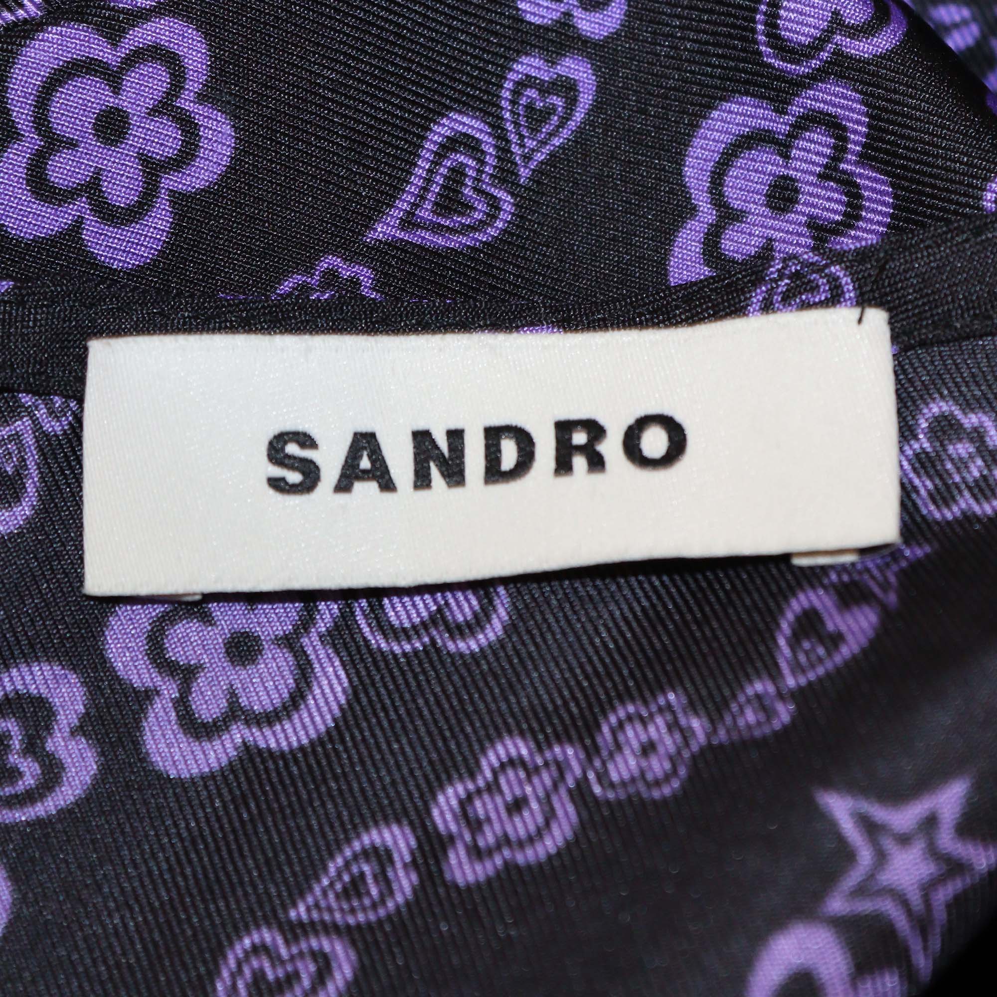 Sandro Black/Purple Silk Printed Button Detail Midi Dress