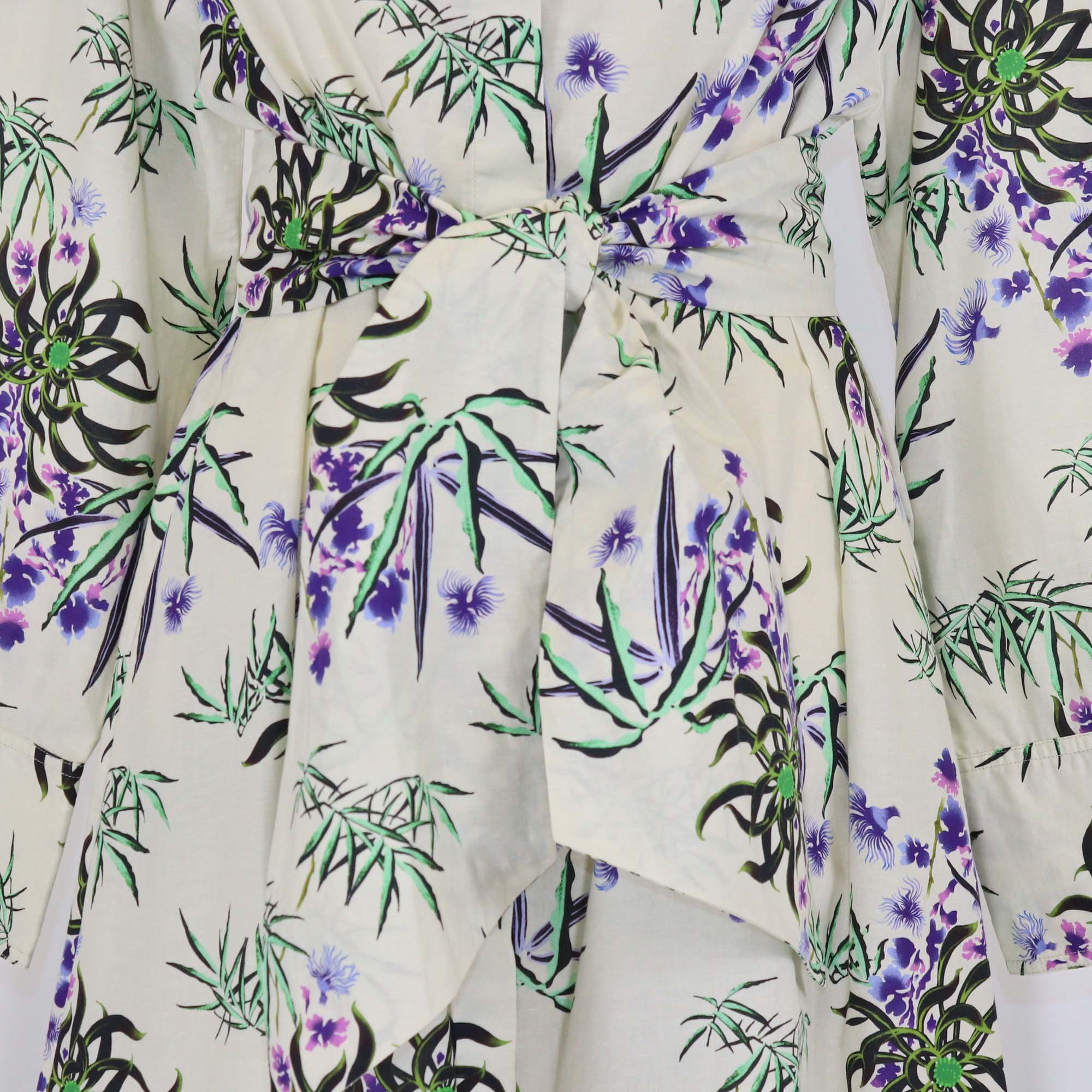 Kenzo Light Green/Multicolor Printed Cotton & Linen Blend Collar Belted Long Dress