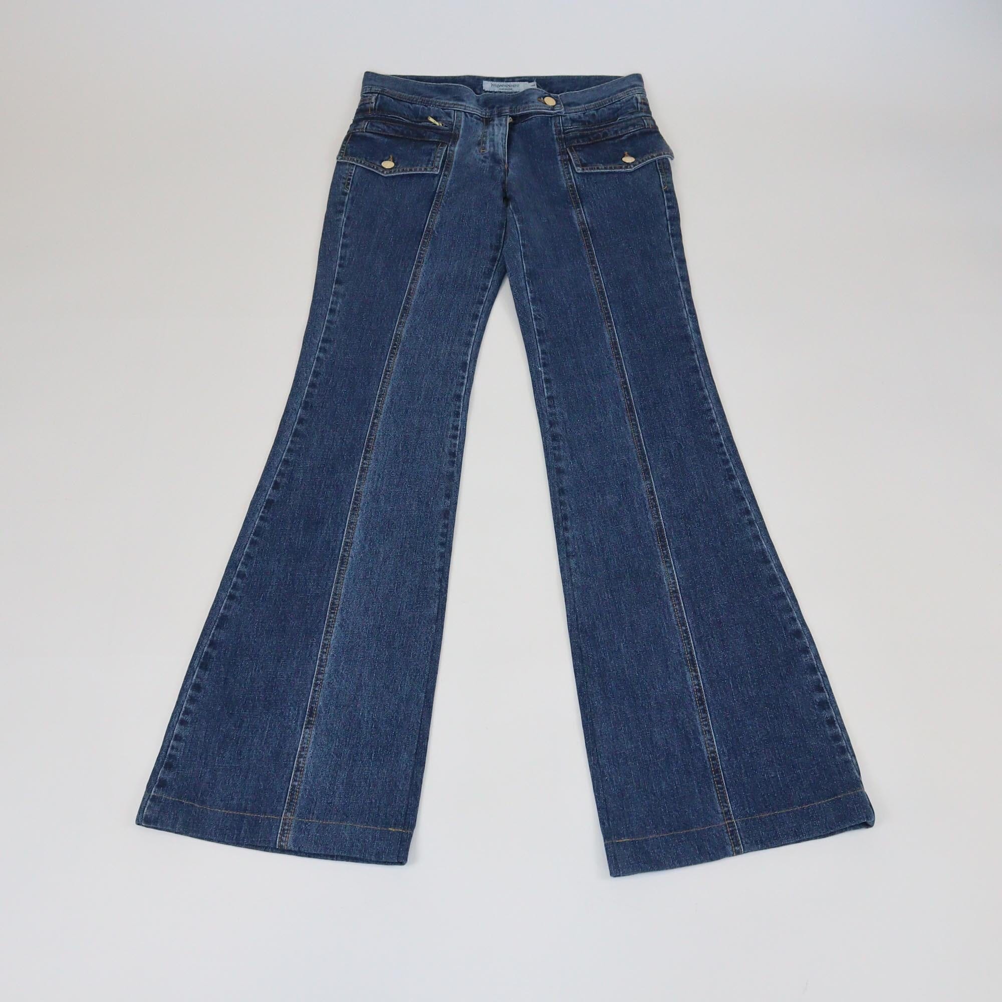 Saint Laurent Blue Denim Embroidered Logo Wide Leg Jeans Womens Saint Laurent