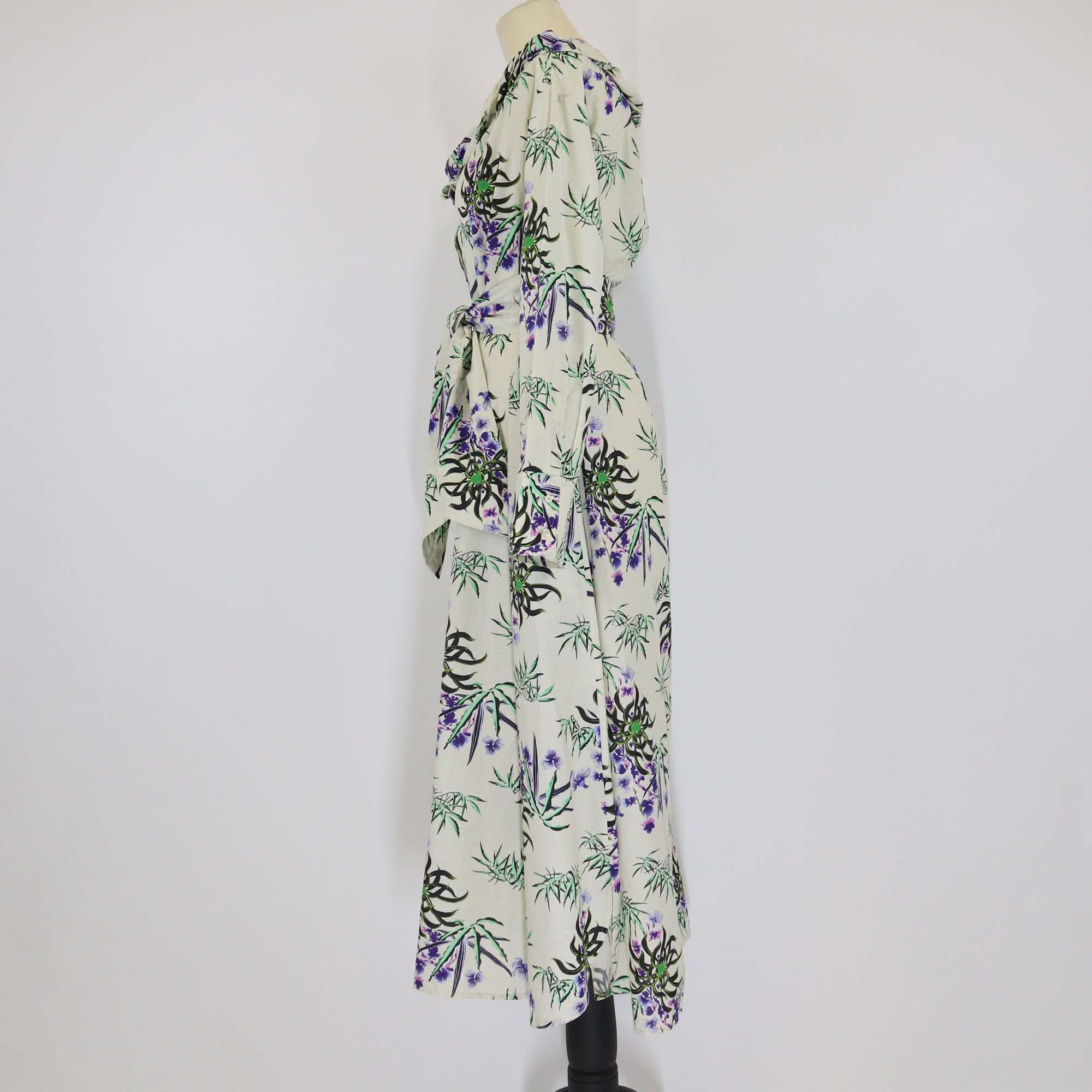 Kenzo Light Green/Multicolor Printed Cotton & Linen Blend Collar Belted Long Dress