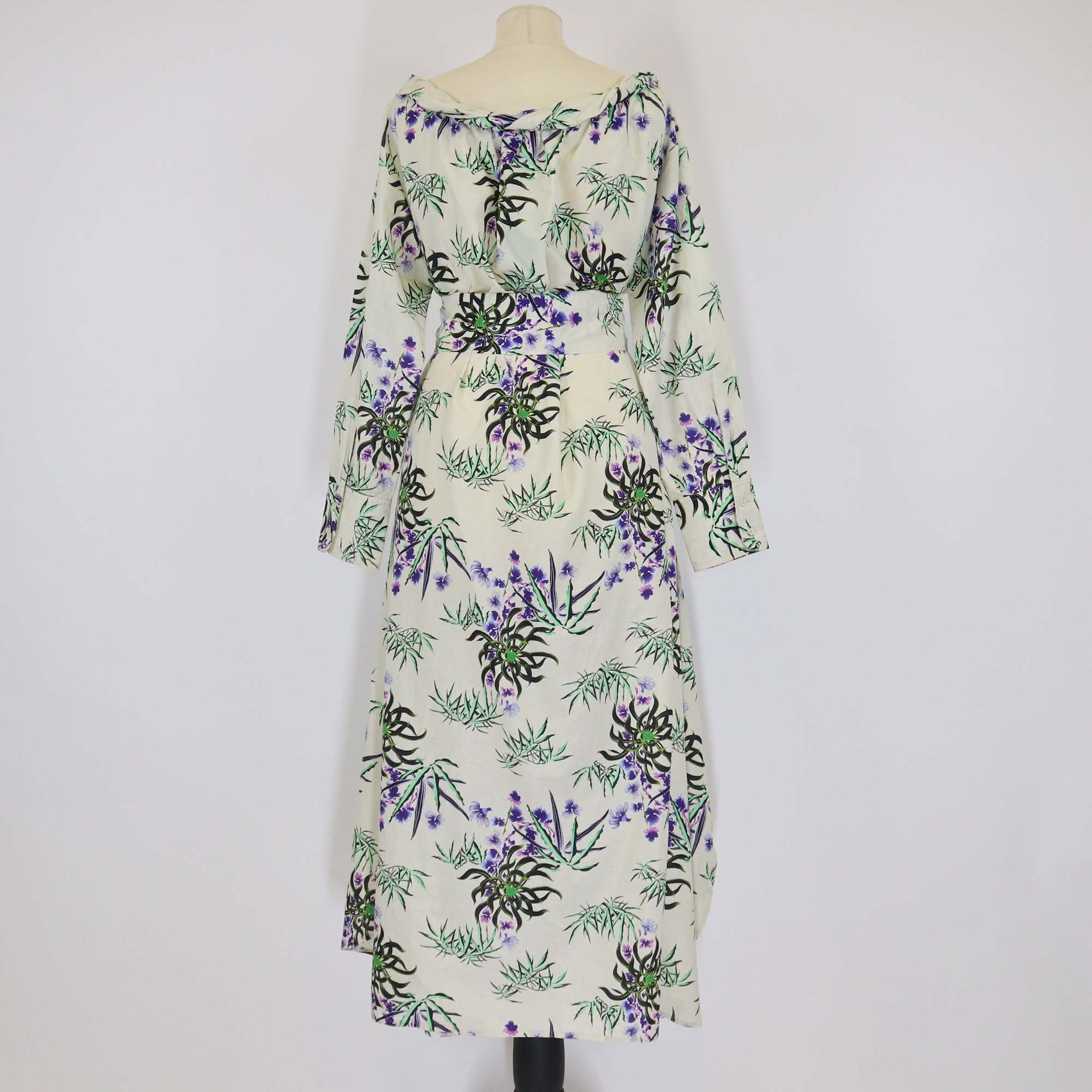 Kenzo Light Green/Multicolor Printed Cotton & Linen Blend Collar Belted Long Dress