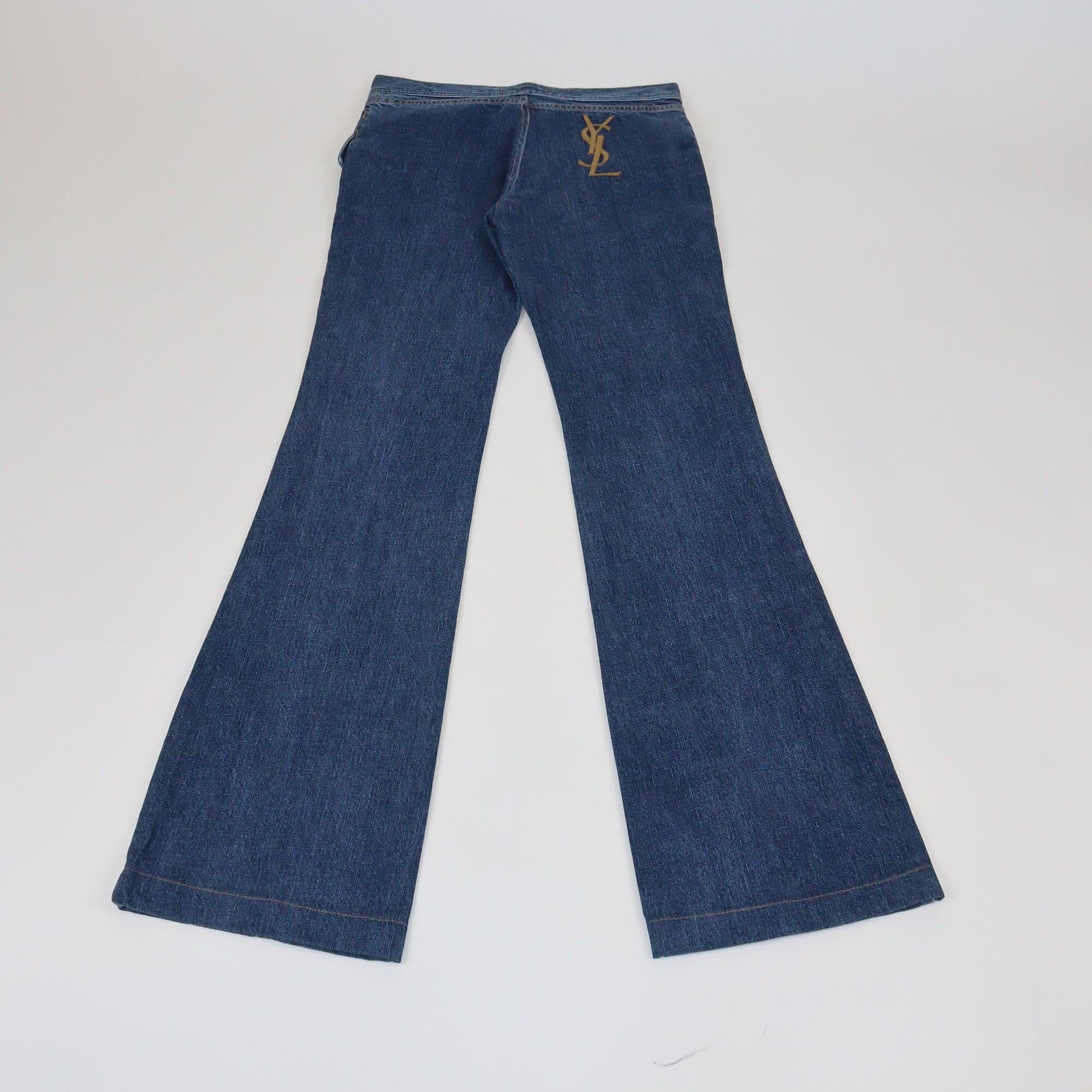 Saint Laurent Blue Denim Embroidered Logo Wide Leg Jeans Womens Saint Laurent