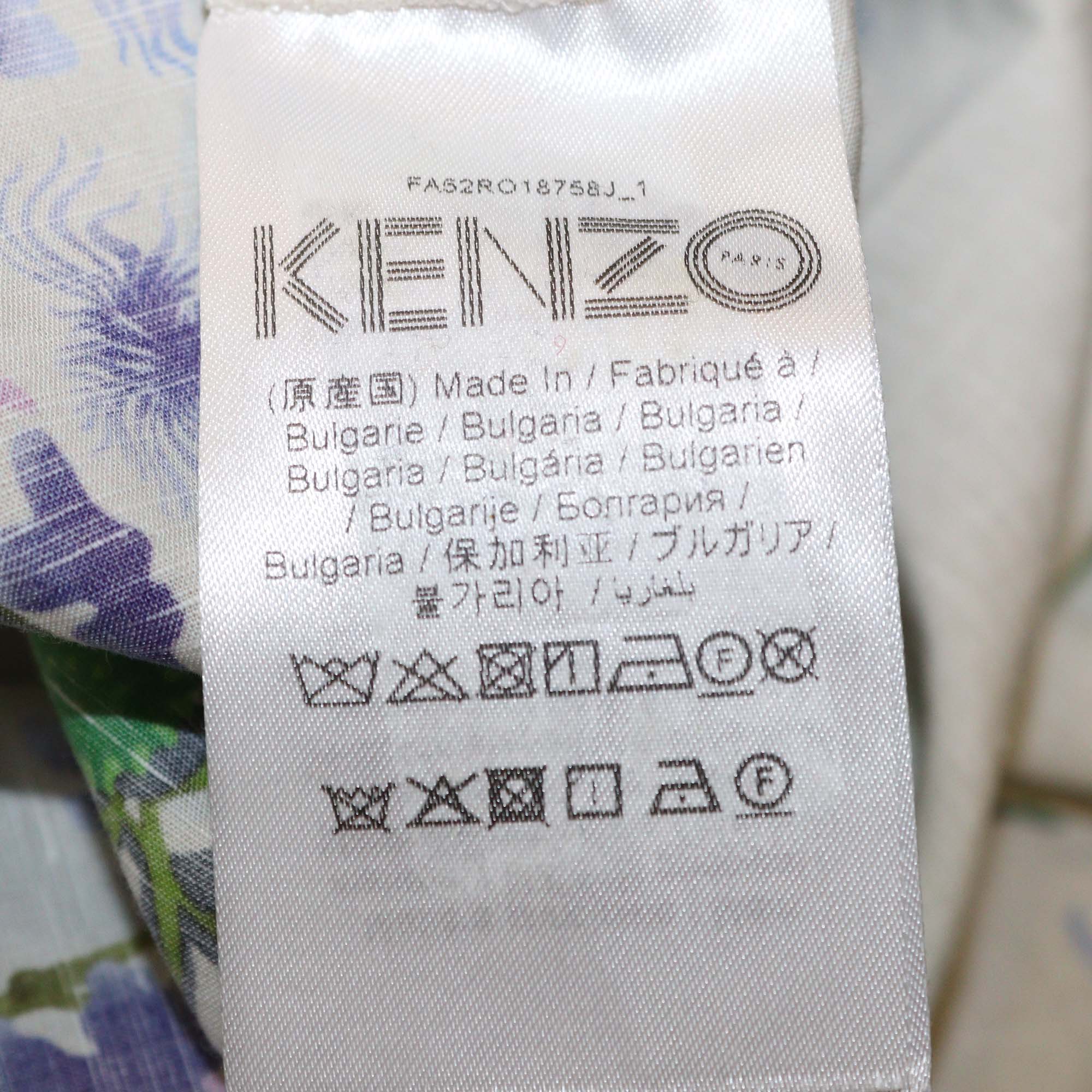 Kenzo Light Green/Multicolor Printed Cotton & Linen Blend Collar Belted Long Dress