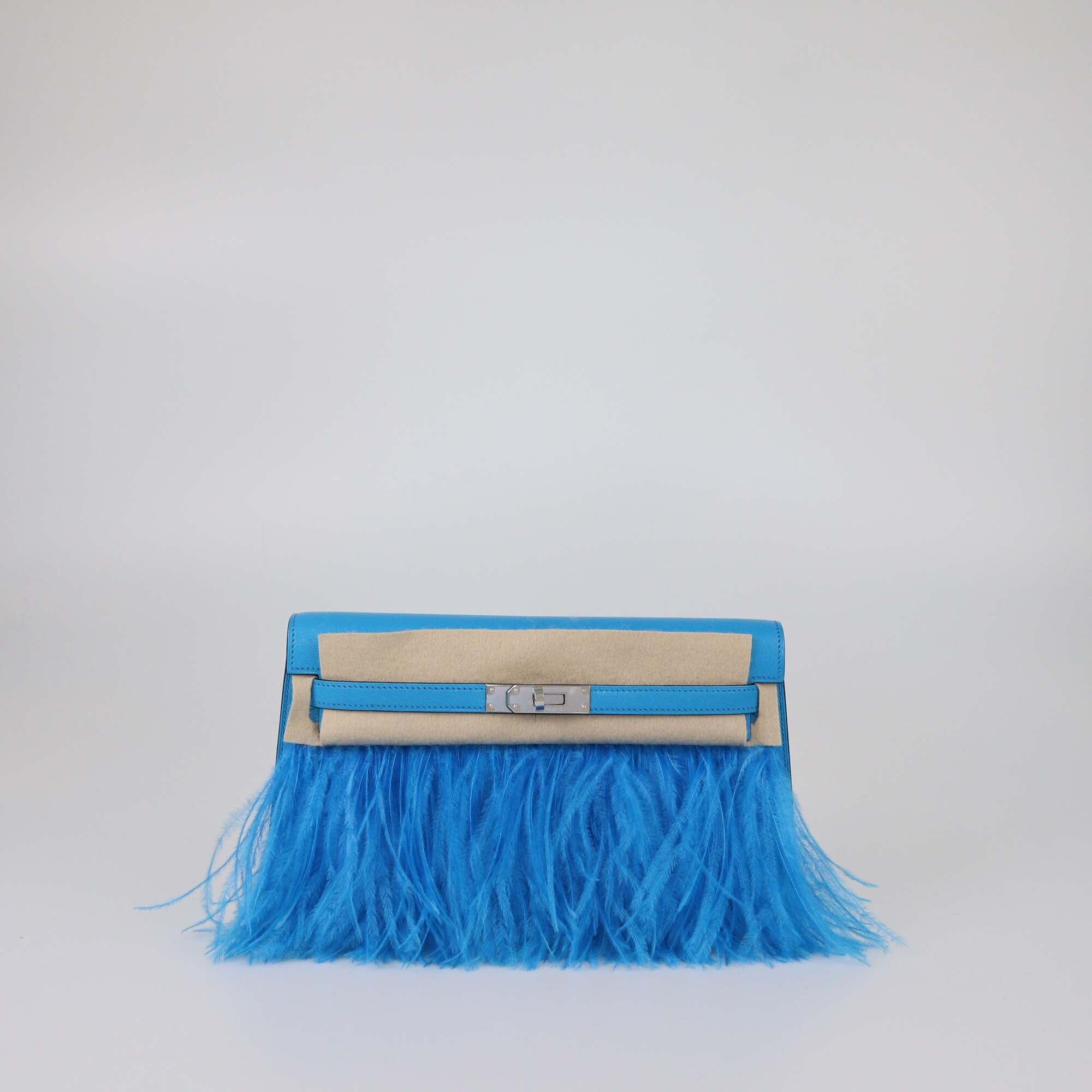 Hermes Bleu Frida Chevre Chamkila & Ostrich Feather Kelly Elan Clucth Womens Hermes