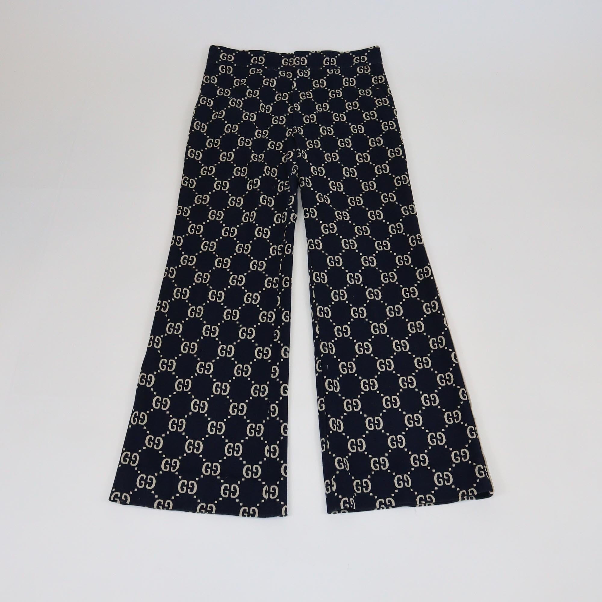 Gucci Navy Blue GG Logo Jacquard Wide Leg Pants Womens Gucci