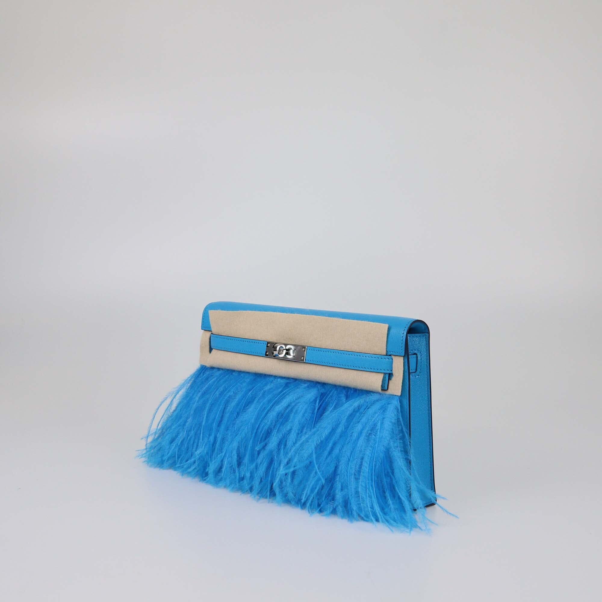Hermes Bleu Frida Chevre Chamkila & Ostrich Feather Kelly Elan Clucth Womens Hermes