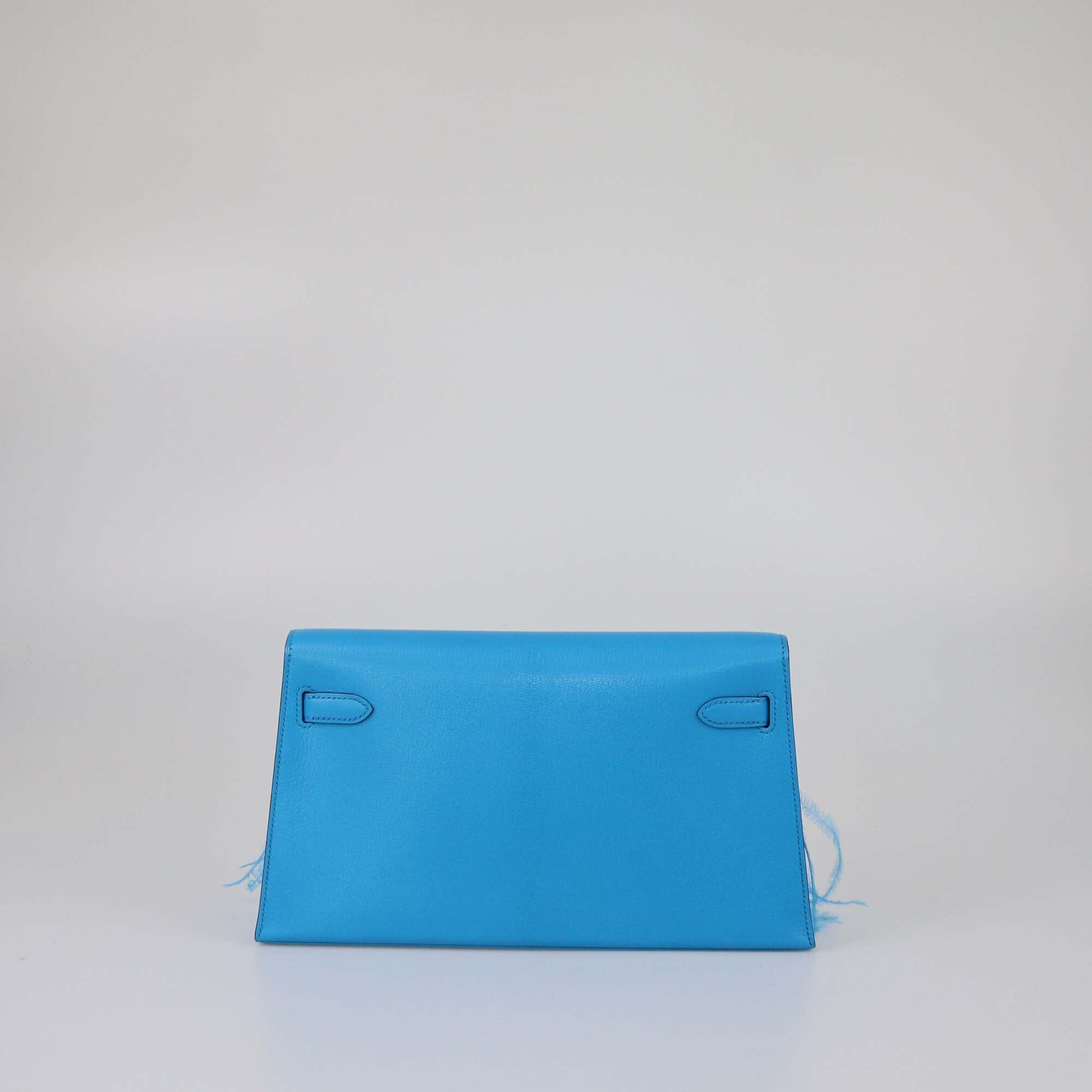 Hermes Bleu Frida Chevre Chamkila & Ostrich Feather Kelly Elan Clucth Womens Hermes