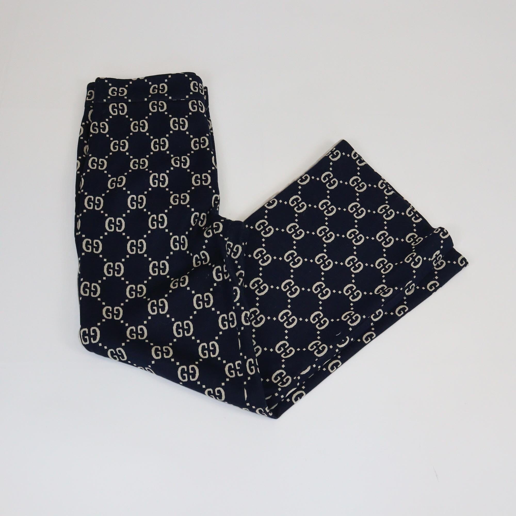 Gucci Navy Blue GG Logo Jacquard Wide Leg Pants Womens Gucci