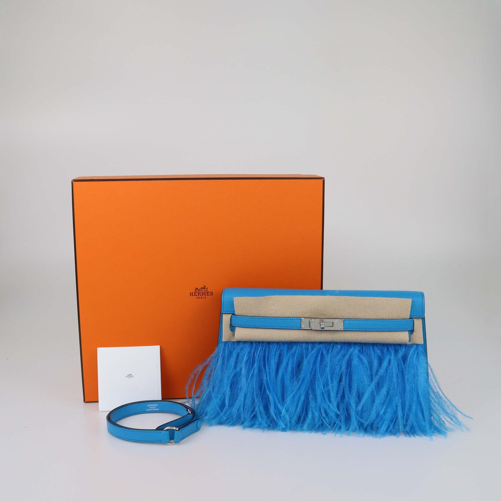 Hermes Bleu Frida Chevre Chamkila & Ostrich Feather Kelly Elan Clucth Womens Hermes