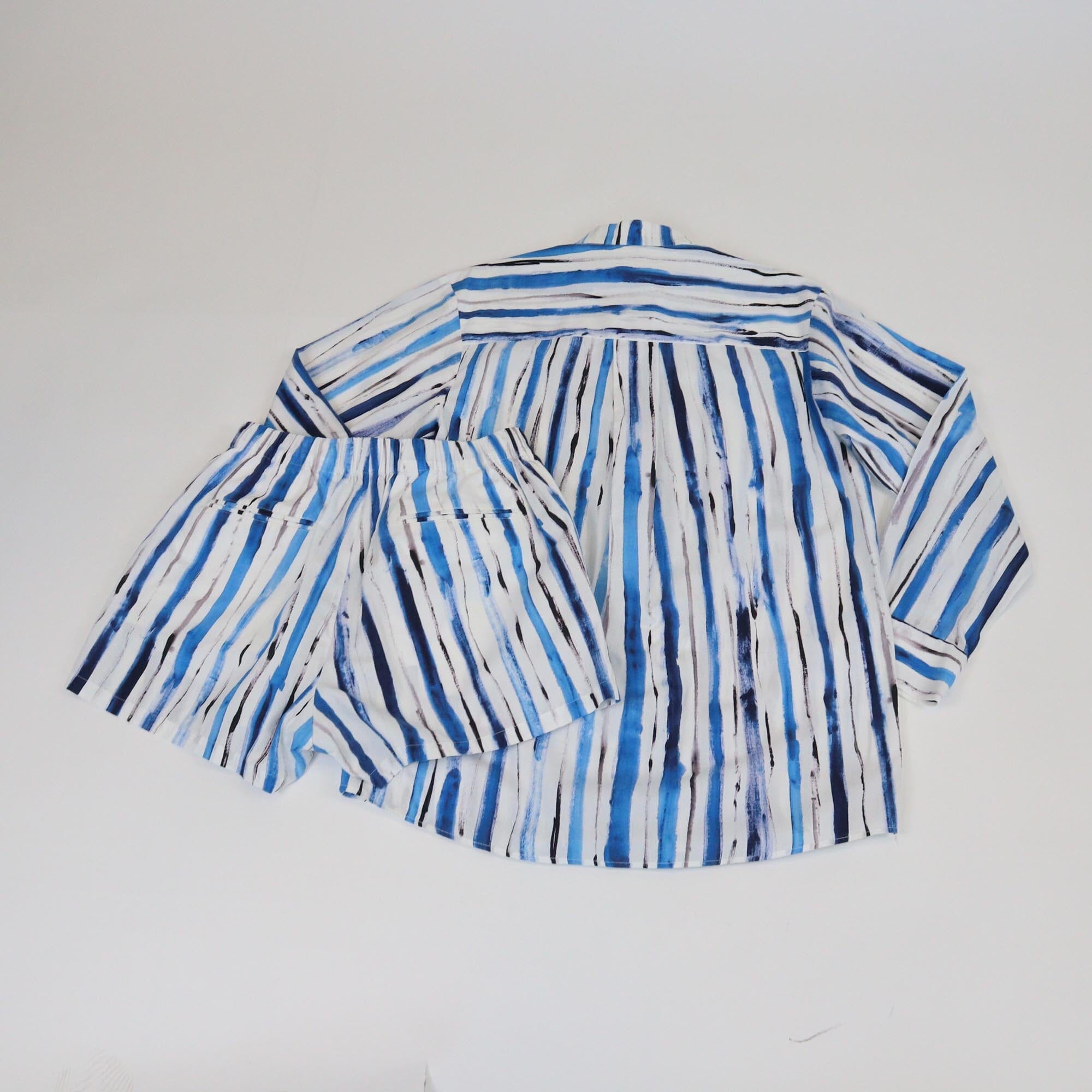 Christopher Kane White/Blue Striped Leather Trim Button Up Shirt & Drawstring Mini Short Set Womens Christopher Kane