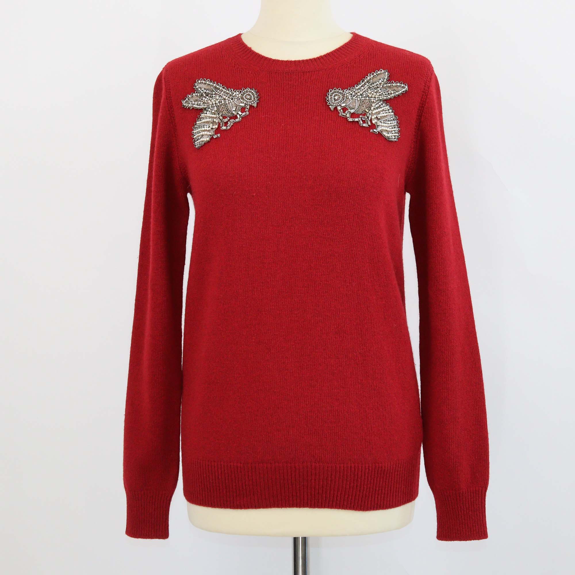 Gucci Red Wool Bee Beaded Embellished Crew Neck Long Sleeve Sweater