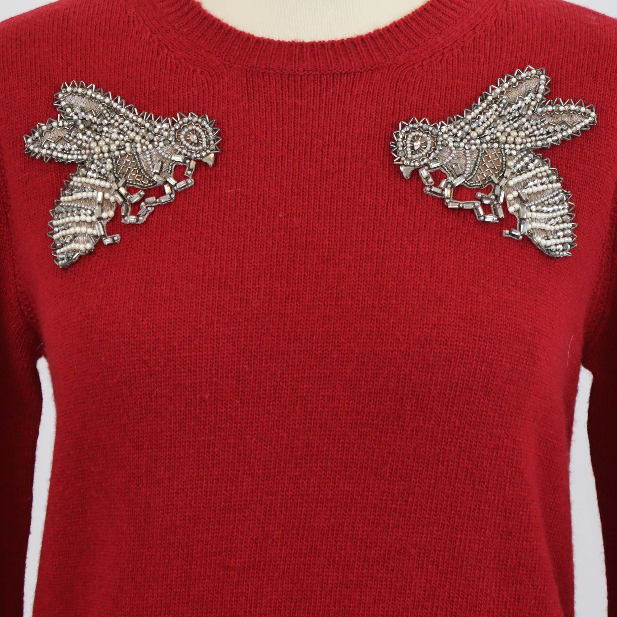 Gucci Red Wool Bee Beaded Embellished Crew Neck Long Sleeve Sweater