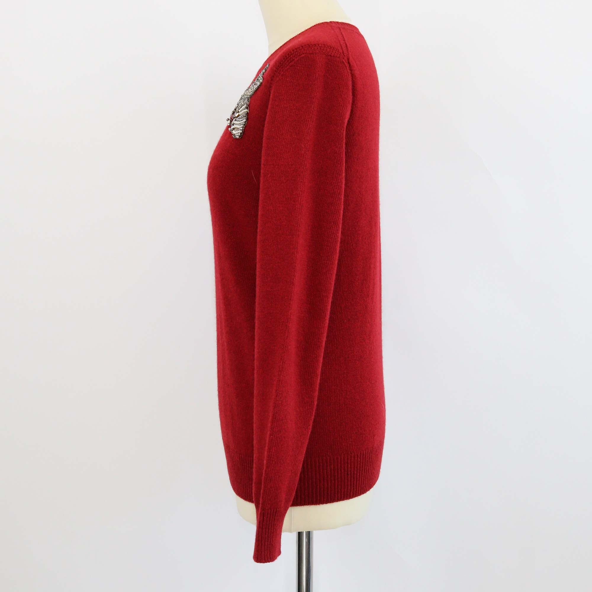 Gucci Red Wool Bee Beaded Embellished Crew Neck Long Sleeve Sweater