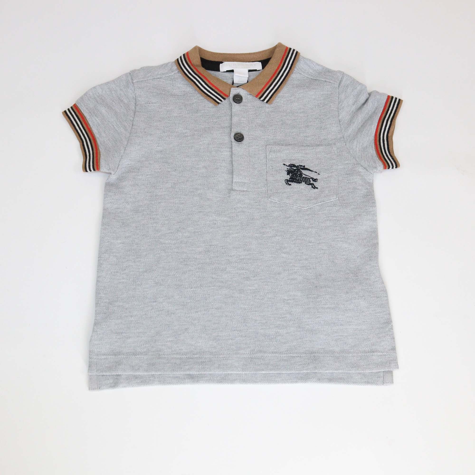 Burberry Kids Grey Melange Cotton Pique Striped Trims Polo Shirt