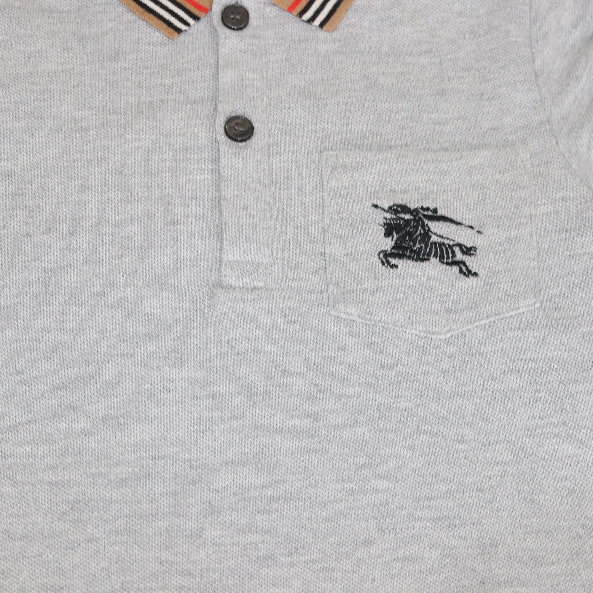 Burberry Kids Grey Melange Cotton Pique Striped Trims Polo Shirt