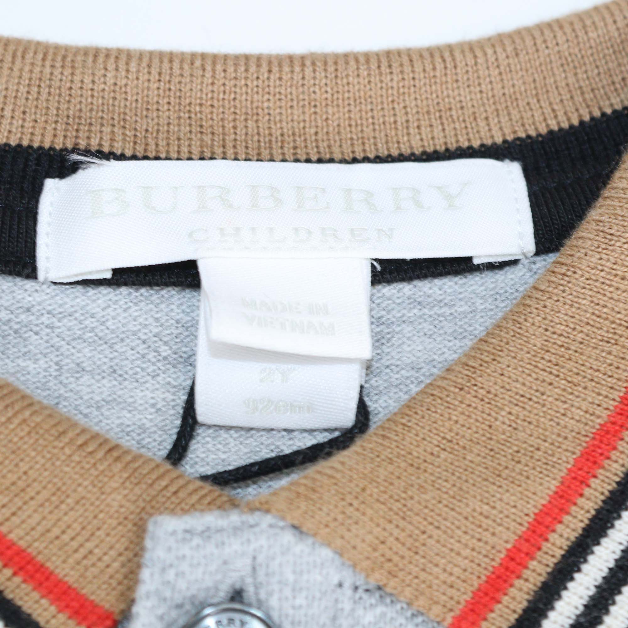 Burberry Kids Grey Melange Cotton Pique Striped Trims Polo Shirt