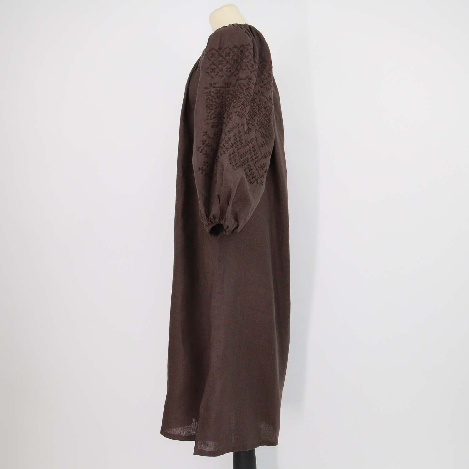 Etnodim Dark Brown Linen Embroidered Velina Dress