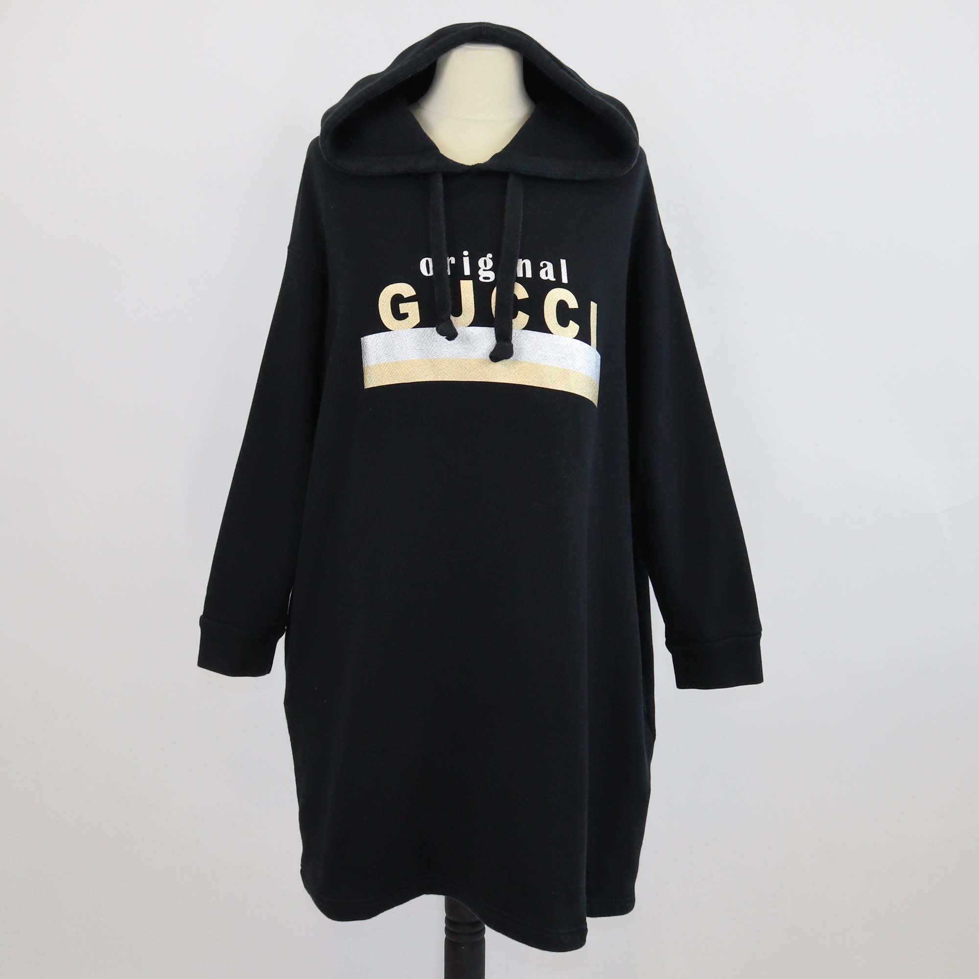 Gucci Black Cotton Logo Print Oversized Hooded Dress