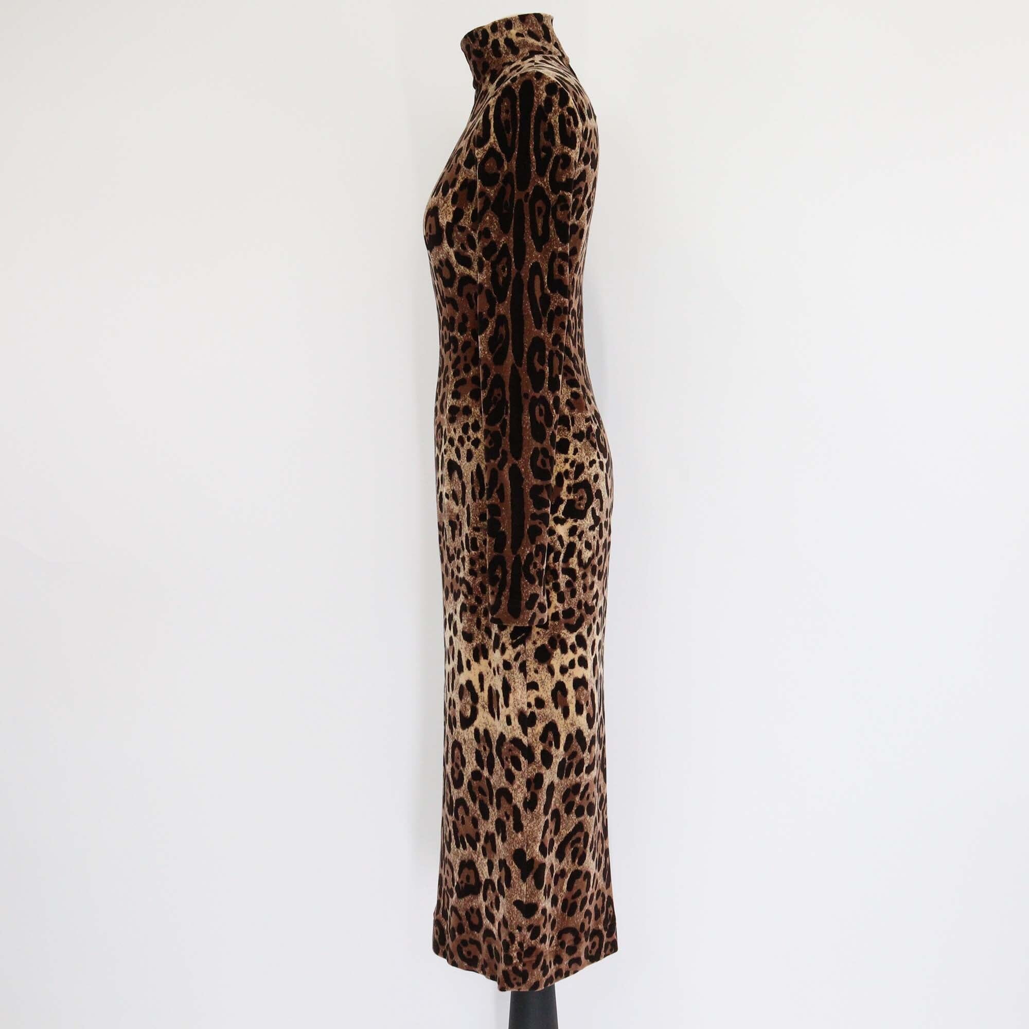Dolce & Gabbana Brown Leopard Print Blended Cotton Turtleneck Long Sleeve Midi Dress Womens Dolce & Gabbana