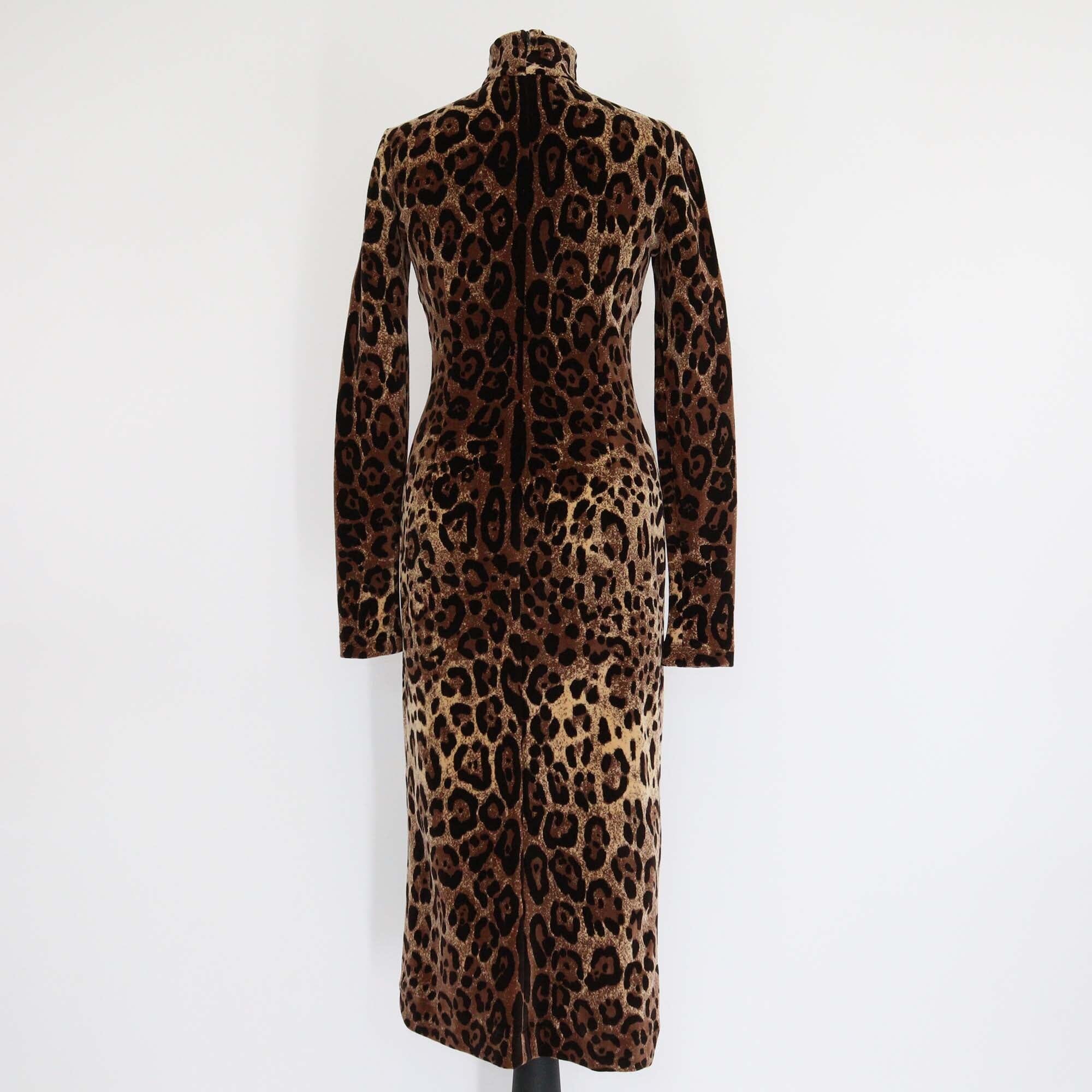 Dolce & Gabbana Brown Leopard Print Blended Cotton Turtleneck Long Sleeve Midi Dress Womens Dolce & Gabbana