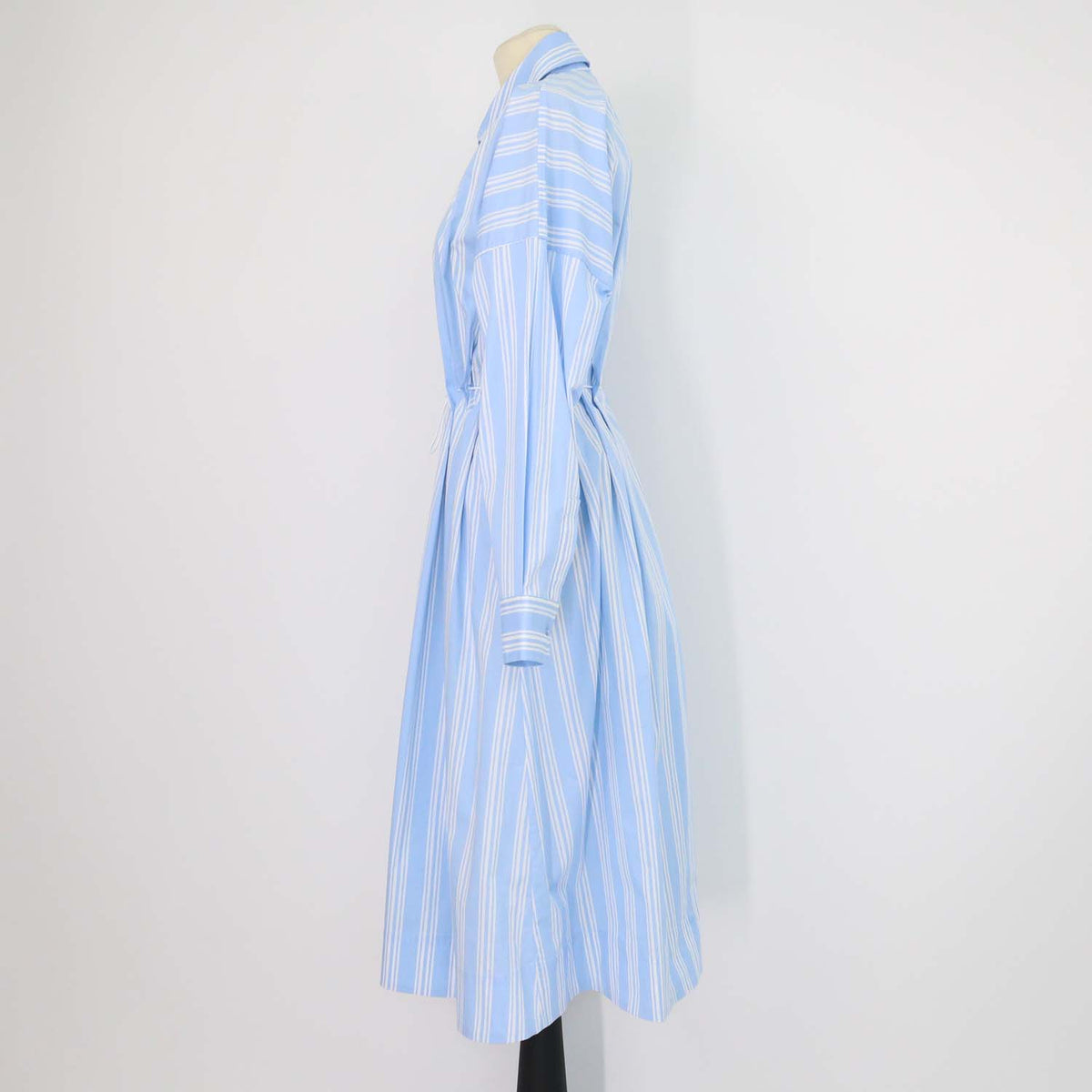 Staud Light Blue/White Cotton Striped Front Zip Tie Belt Midi Dress