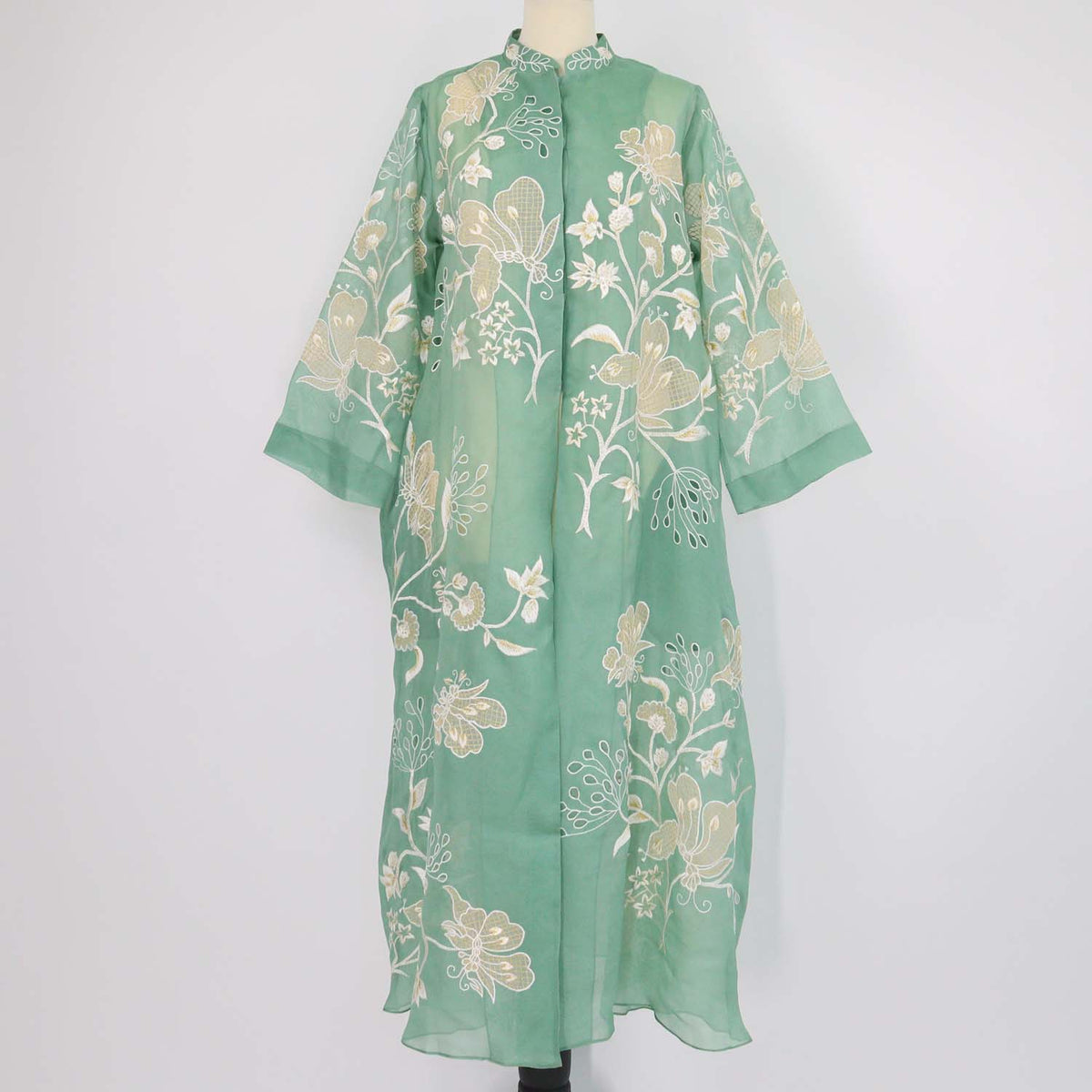 Biyan Green Mesh Floral Embroidered Maxi Dress