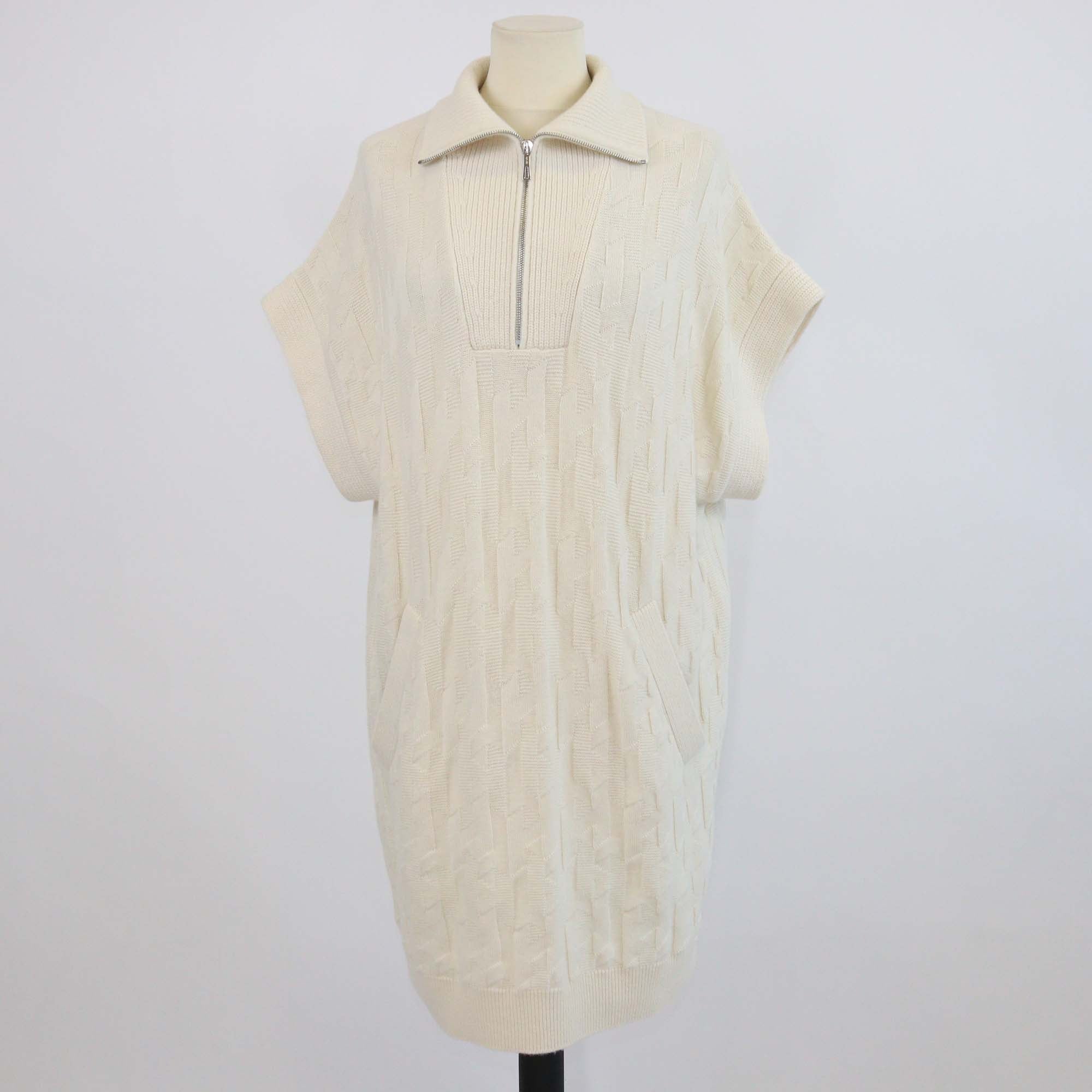 Hermes Cream Knitted Wool H All over Short Sleeve Half Zip Sweater 