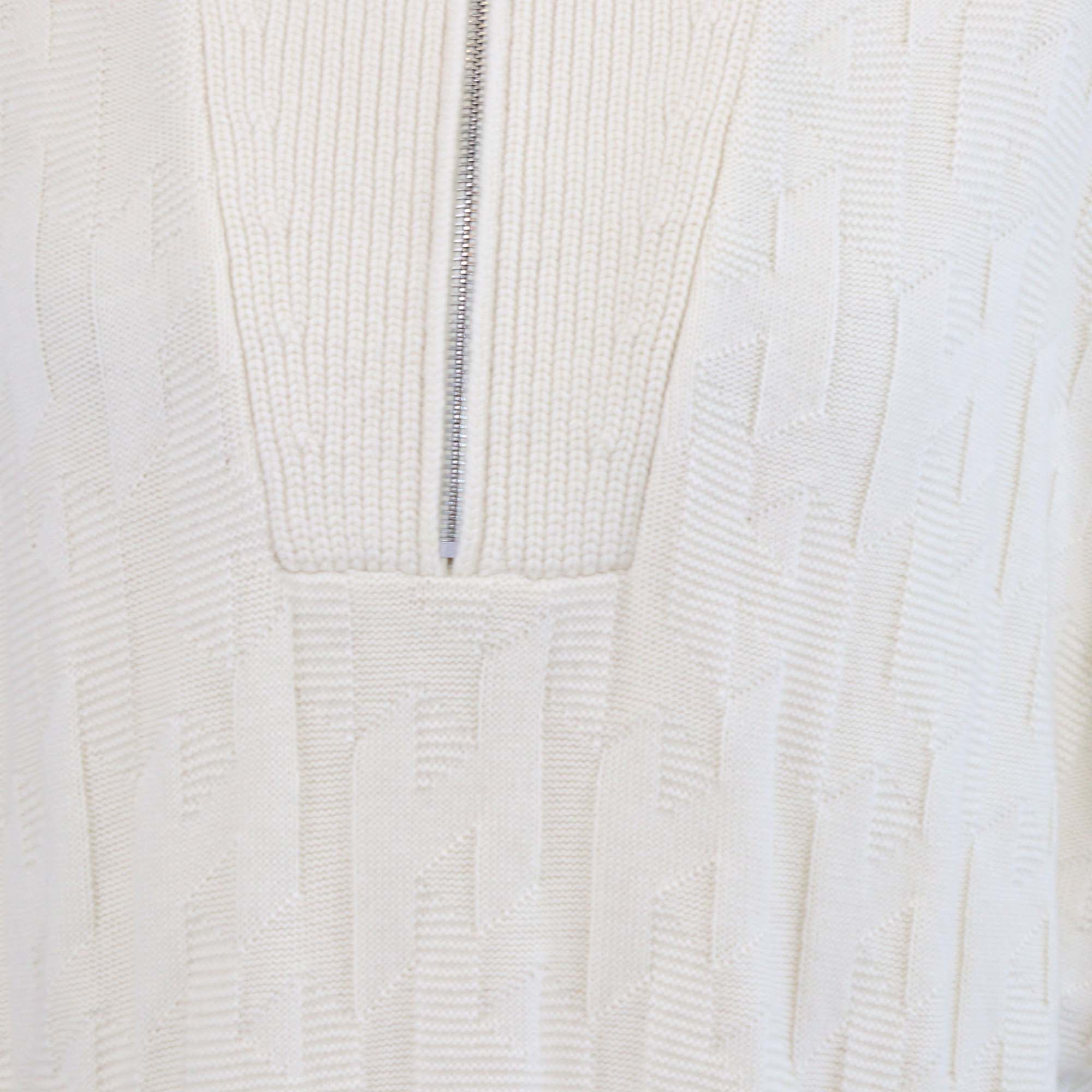 Hermes Cream Knitted Wool H All over Short Sleeve Half Zip Sweater Dress
