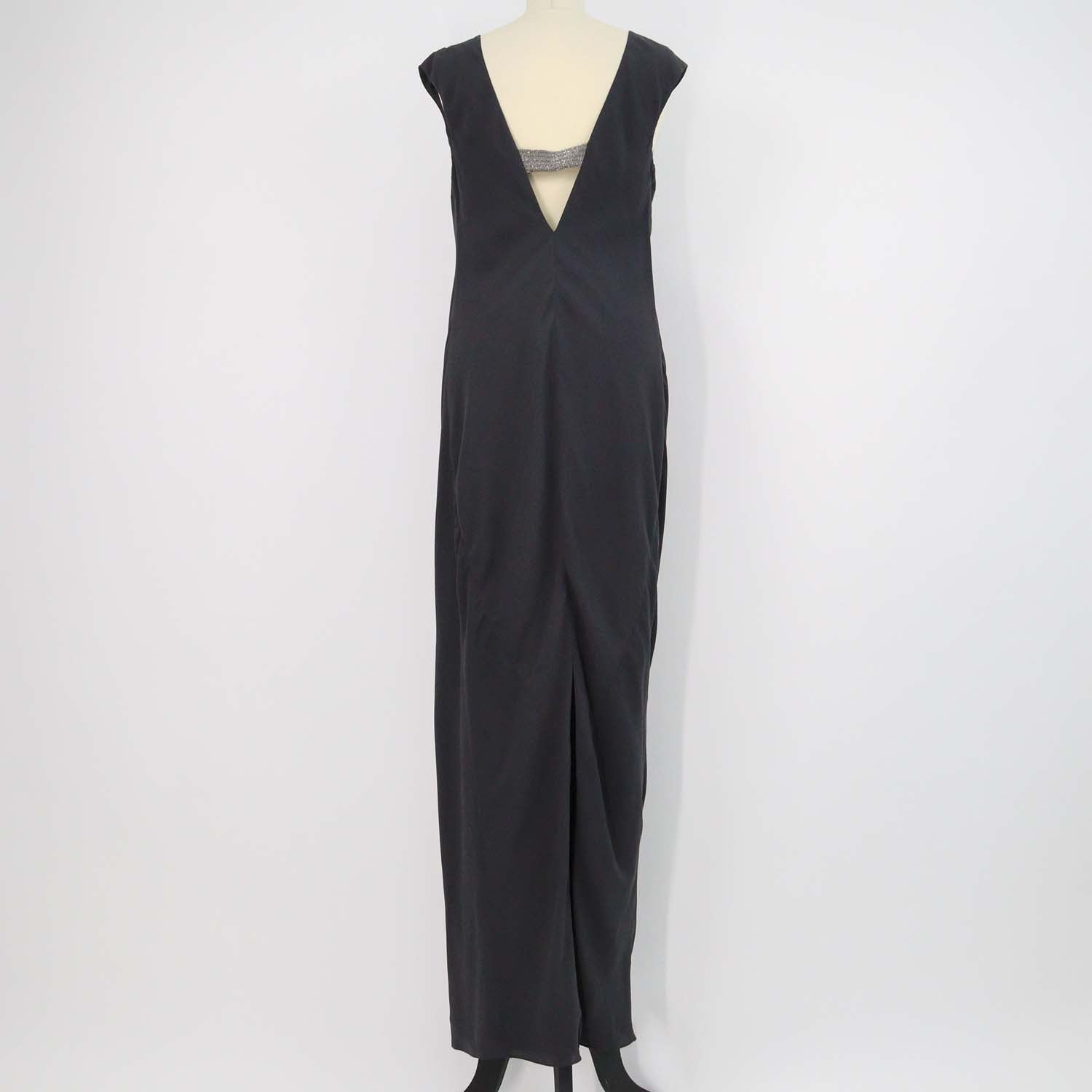 Brunello Cucinelli Dark Grey Silk Beaded Strap Sleeveless Maxi Dress