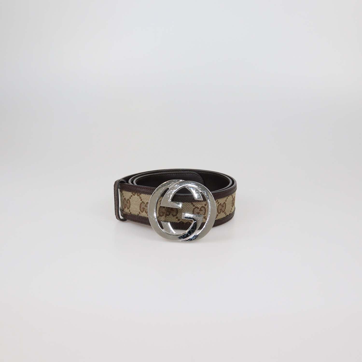 Gucci Brown/Beige GG Canvas and Leather Interlocking G Buckle Belt