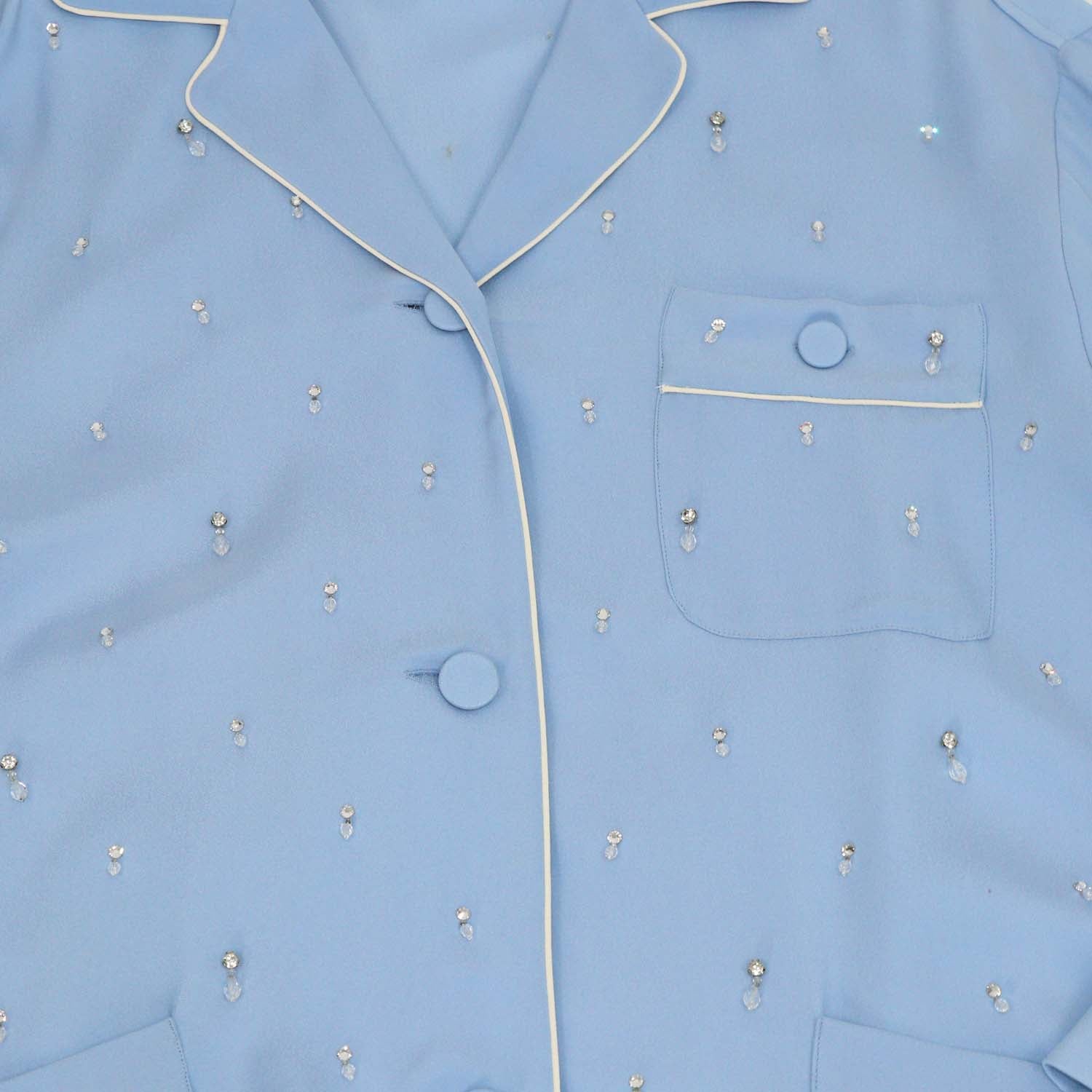Gucci Blue Silk Blended Crystal Beads Embellished Long Sleeve Shirt & Trouser Set