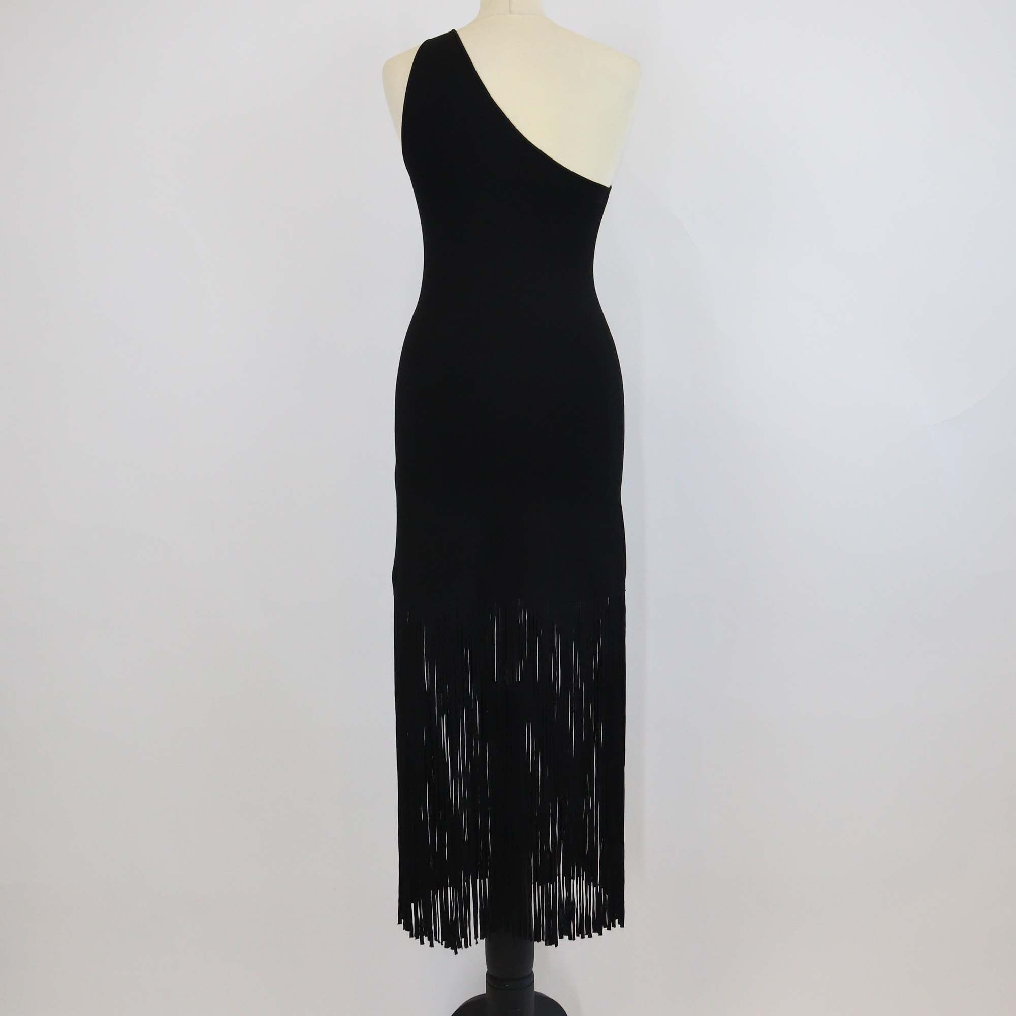 Sandro Black Viscose Knitted One Shoulder Fringe Midi Dress