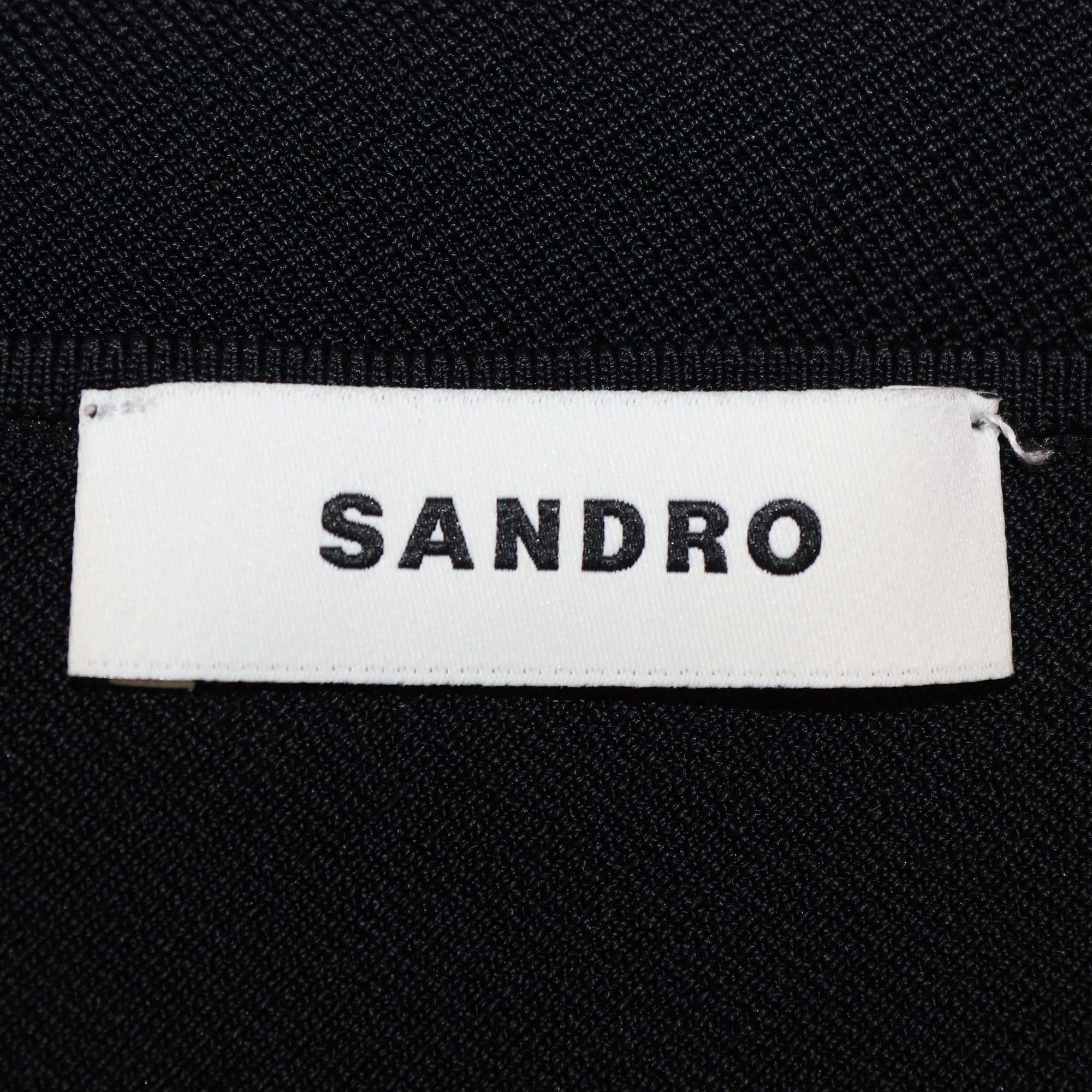 Sandro Black Viscose Knitted One Shoulder Fringe Midi Dress