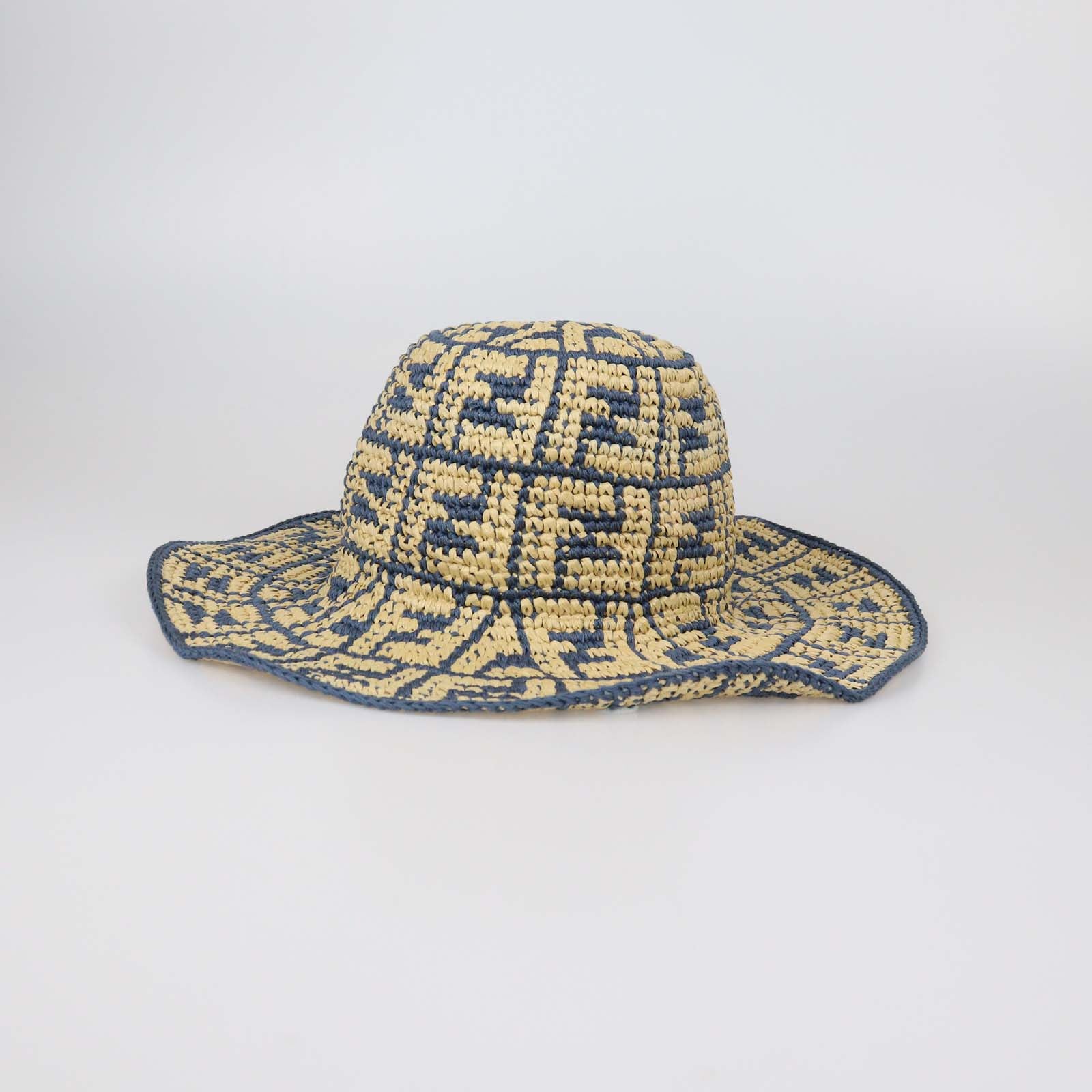 Fendi Blue/Natural FF Raffia Wide Brimmed Hat